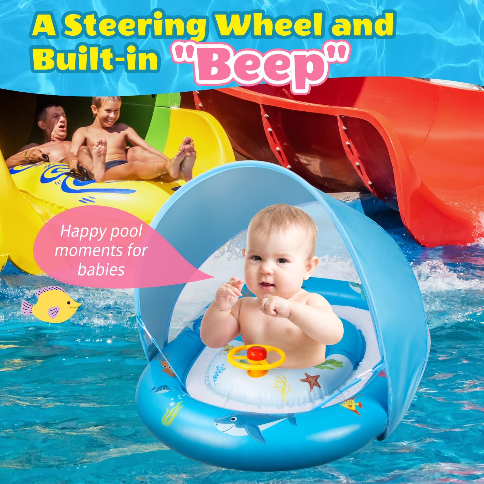Ninonly Flotador Bebe con Sombrilla UPF50+ Extraíble Flotador para Bebé con Volante Nuevo Inflable Piscina para Niños de Protección Solar Antivuelco para Niños de 18 a 48 Meses