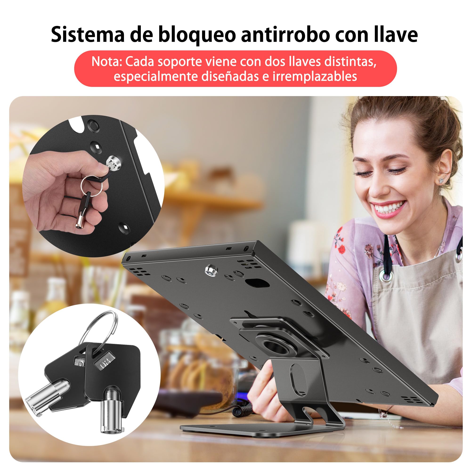 AboveTEK Soporte Antirrobo para iPad y Tablet con Cerradura, POS/TPV de Mostrador y Pared, Giro 360° y Ajuste de Ángulo, Base Metálica, Gestión de Cables – Modo Kiosco, Compatible con iPad (Air/Pro)