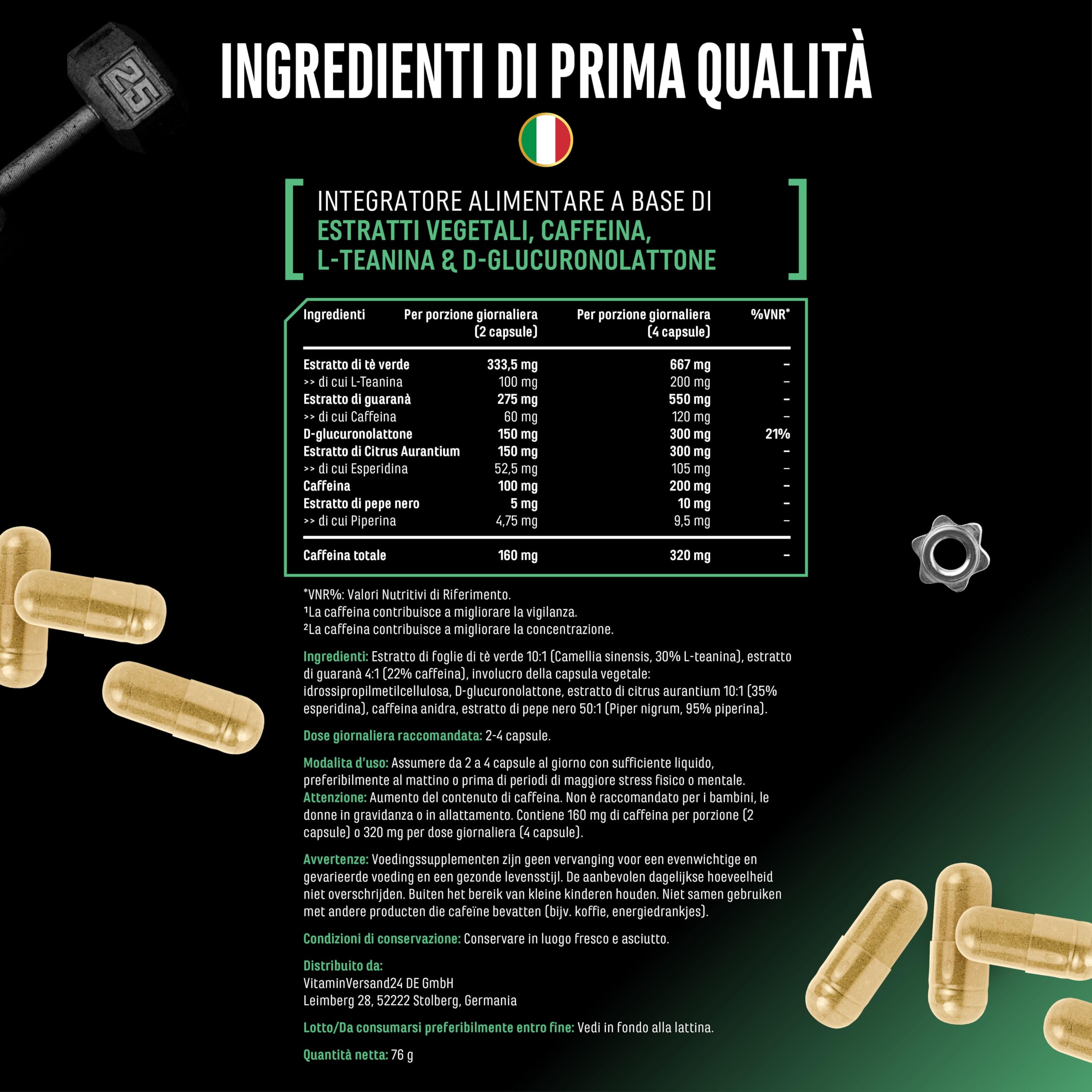 Focus Caps - 120 capsule - Miscela per le prestazioni mentali con L-Teanina, Tè verde, Guaranà, estratto di Citrus Aurantium, Caffeina, D-Glucuronolattone - ad alto dosaggio, vegan