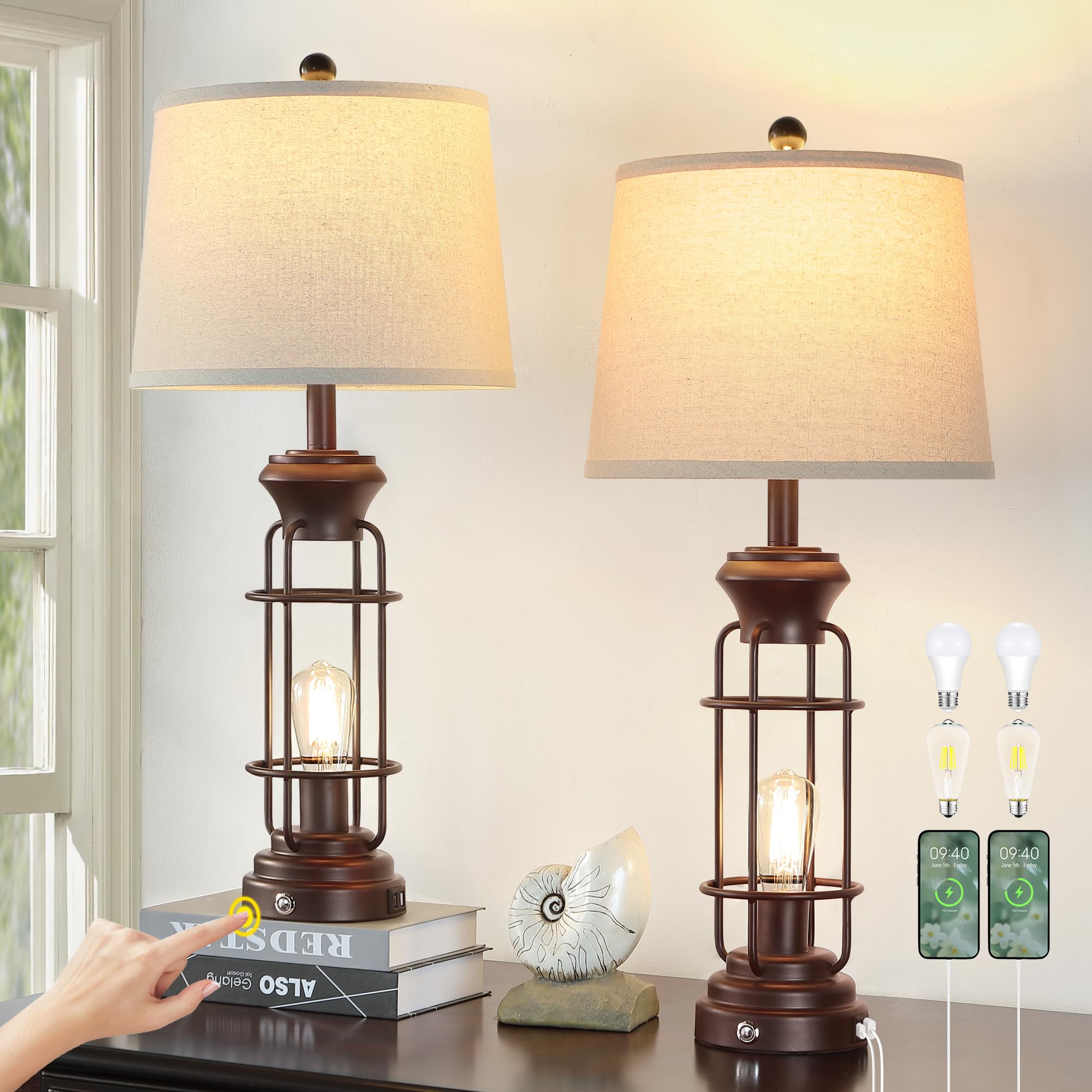 Table Lamps for Living Roon Set of 2, 29.3" Tall Farmhouse Table Lamp with 2 Nightlight Bulbs, Oil Rubbed Bronze Bedside Lamp with White Oatmeal Lampshade for Living Room Bedroom, Bulbs Included