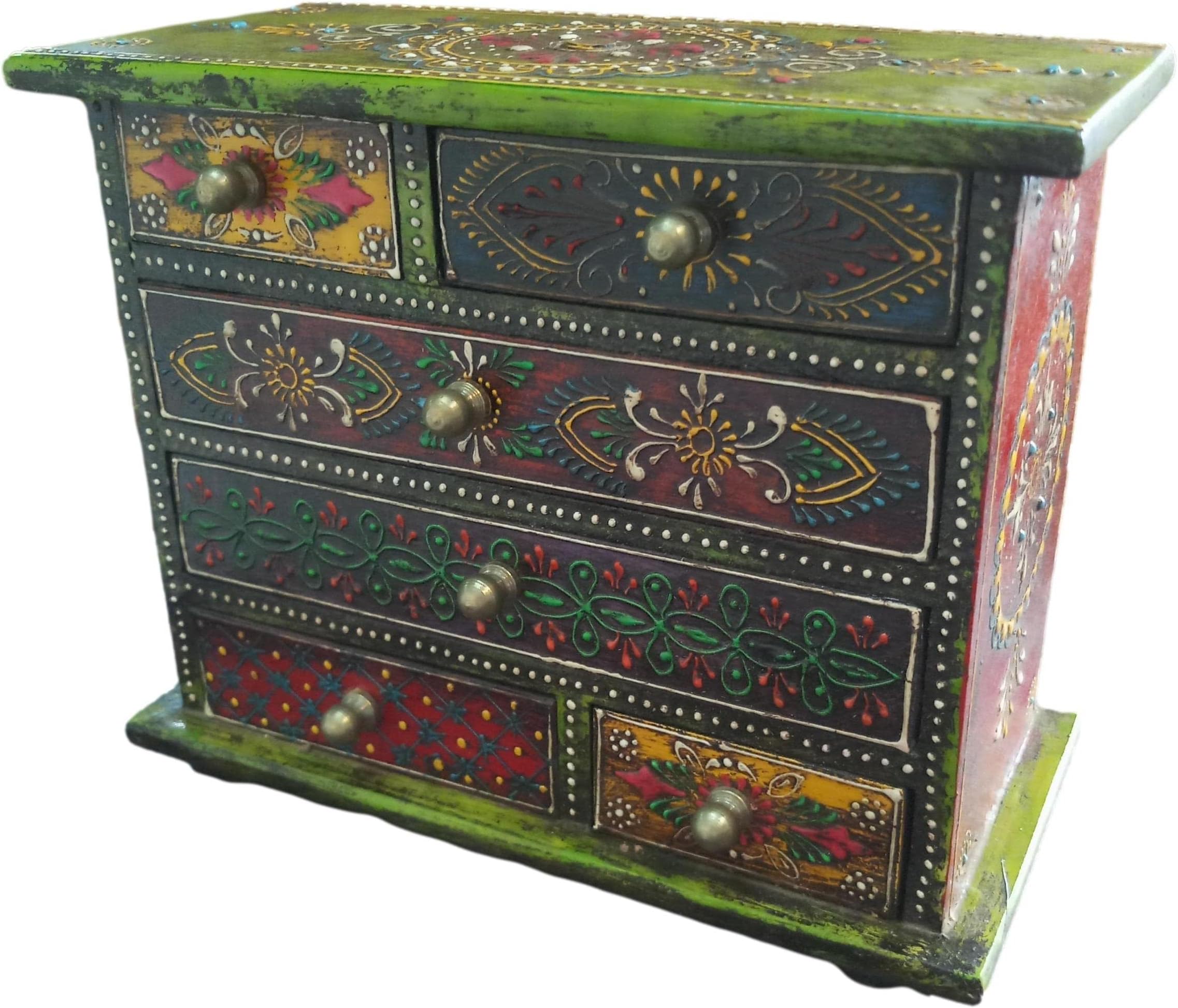JGARTS Small Wooden Hand Painted Drawer Ethnic Chest of Drawers Jewellery Box Wooden Box Trinket Box Girl's Gift Boho Style