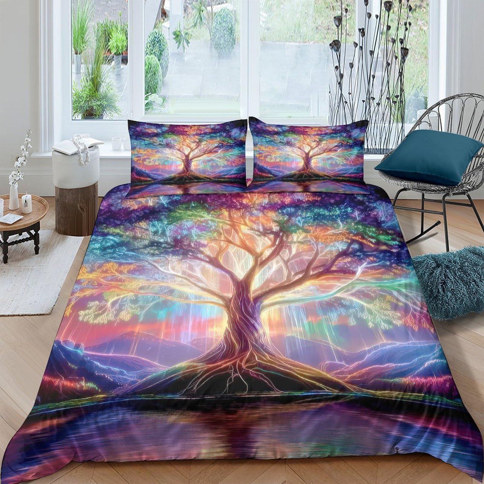 Ctjqhvkz Style-6 3D Printed Fantasy Tree Fitted Sheet Microfiber Soft Colorful Aurora Mattress Cover Bedroom Decor Single（135X200cm）