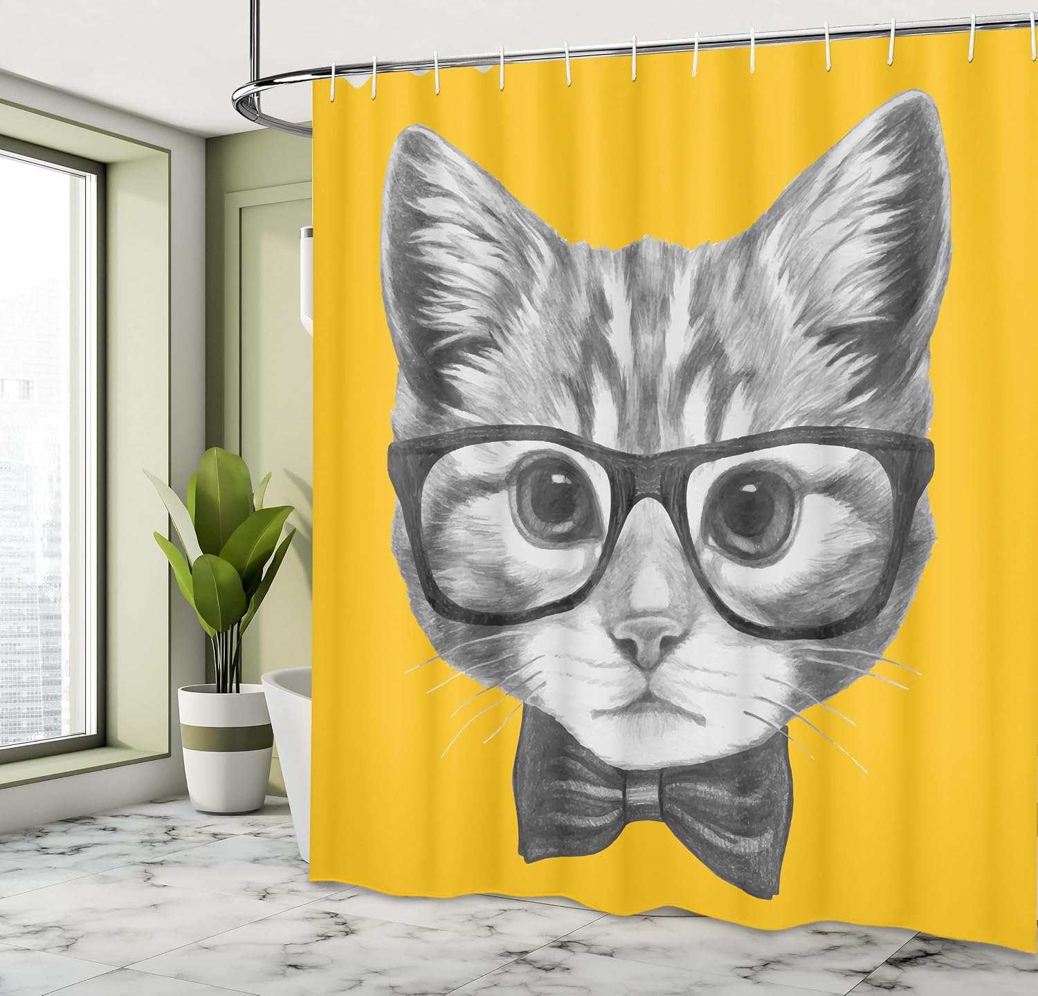 Ambesonne Animal Shower Curtain, Sketchy Hand Drawn Design Hipster Cat Kitten Glasses Image Print, Cloth Fabric Bathroom Decor Set with Hooks, 69" W x 75" L, Mustard Grey