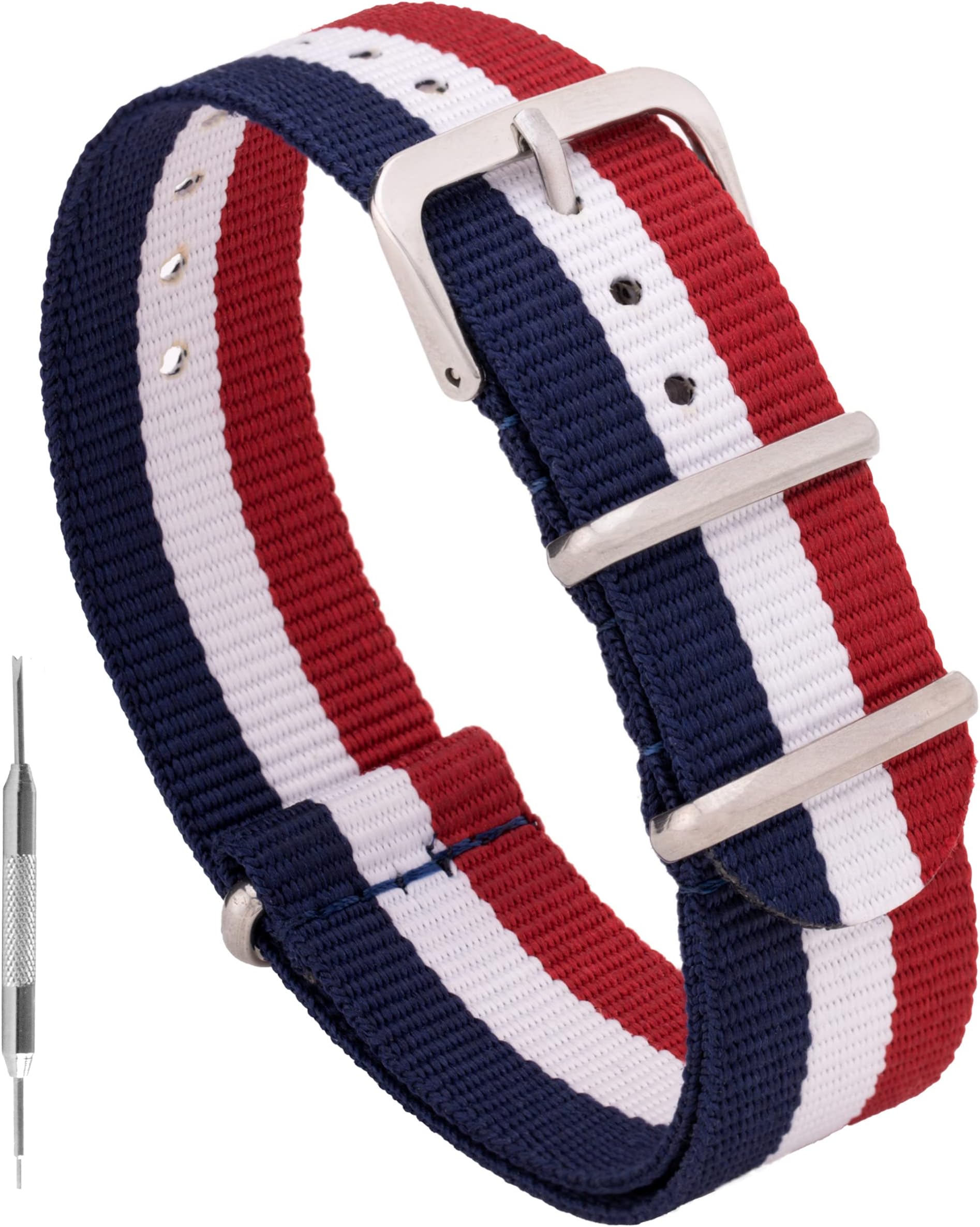 Benchmark Straps NATO腕時計バンド 18/20/22mm スプリングバー用ツール マルチカラー 22mm Red, White & Navy