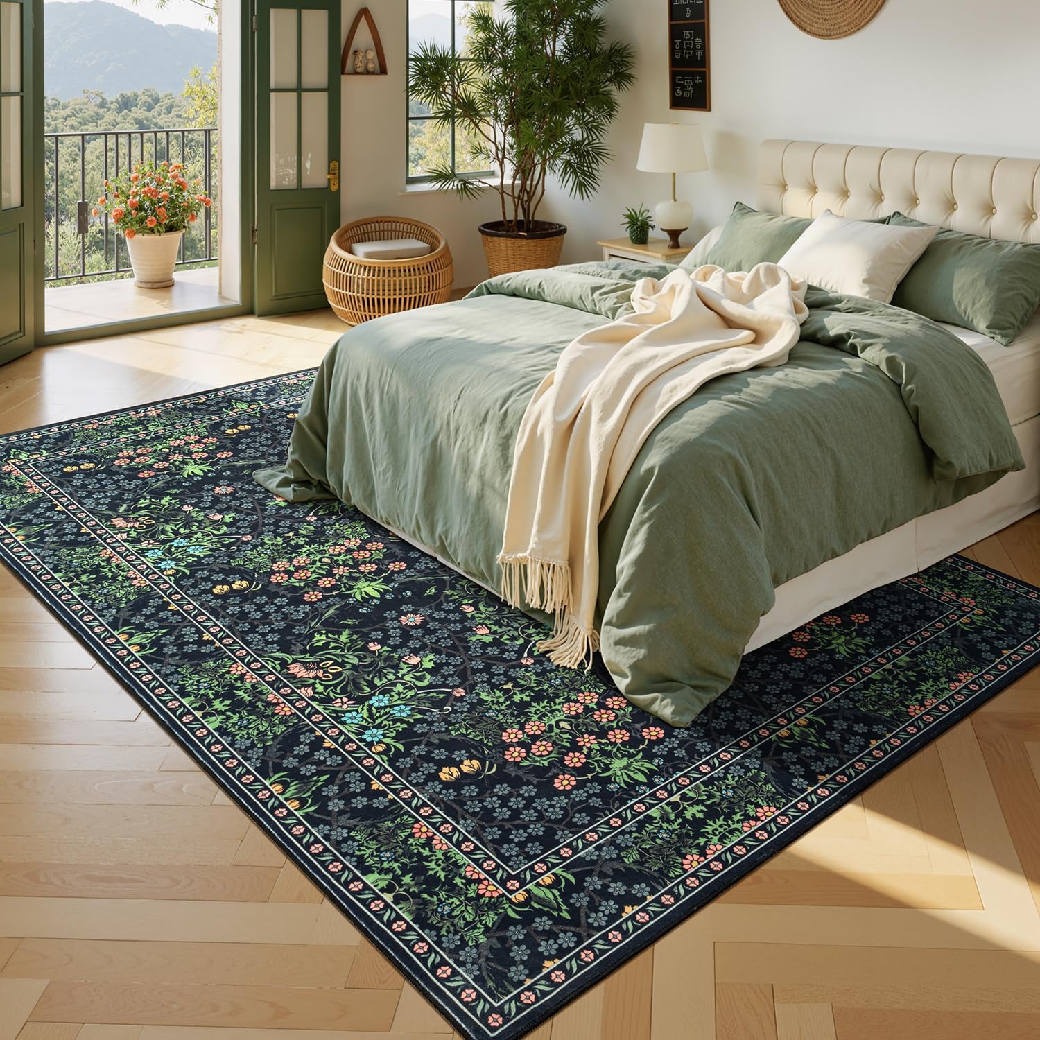Lessymo Area Rugs 9x12 Living Room, Soft Washable Rug for Bedroom Dining Room Nursery Farmhouse, Boho Non Slip Low Plie Large Carpet Vintage Moody Dark Boho Flower, Black Green