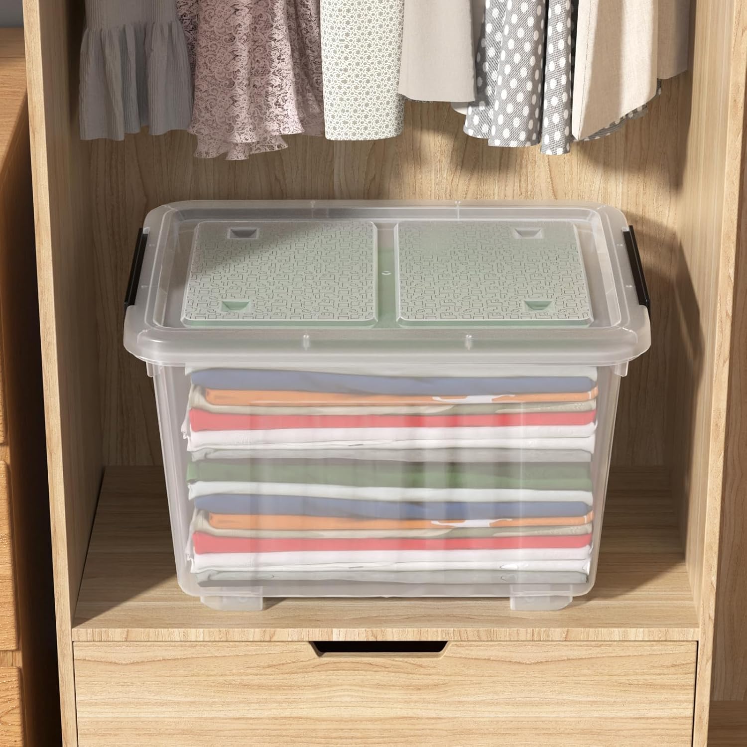 Sadstory 30 Quart Clear Latching Tote Bin with Lid, Plastic Storage Box with Wheels, 4 Packs