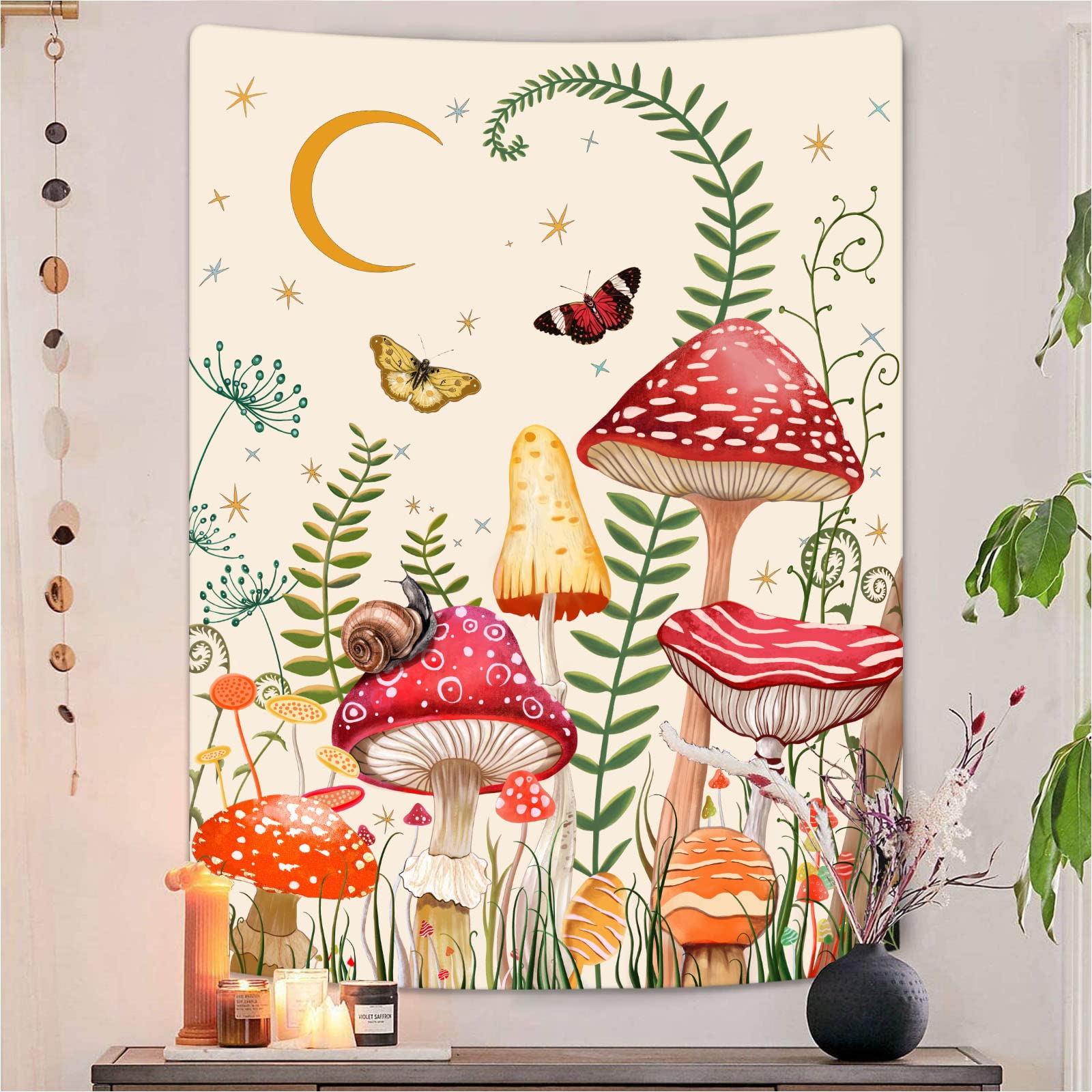 Zussun Mushroom Tapestry Vintage Beige Tapestry Trippy Tapestries Colorful  Flowers Moon Tapestry Small Tapestry for Bedroom Dorm Decor (white