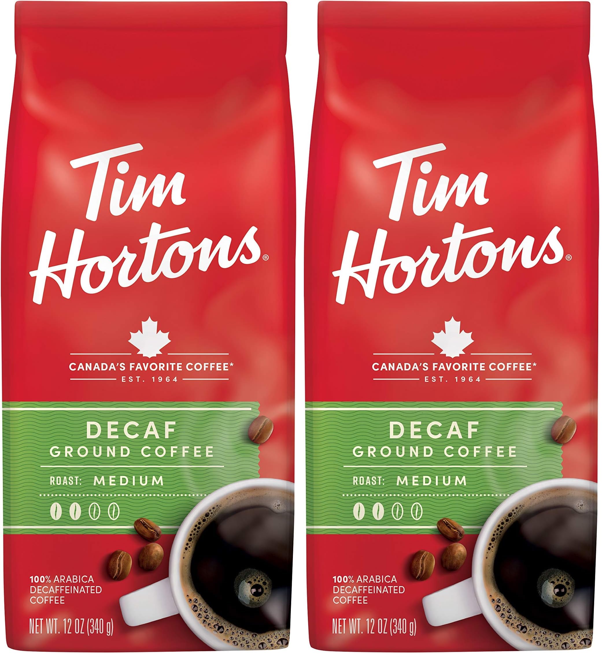 Tim Horton's 100% Arabica Medium Roast, Decaffeinated, Ground Coffee, 12 Ounce (Pack of 2)
