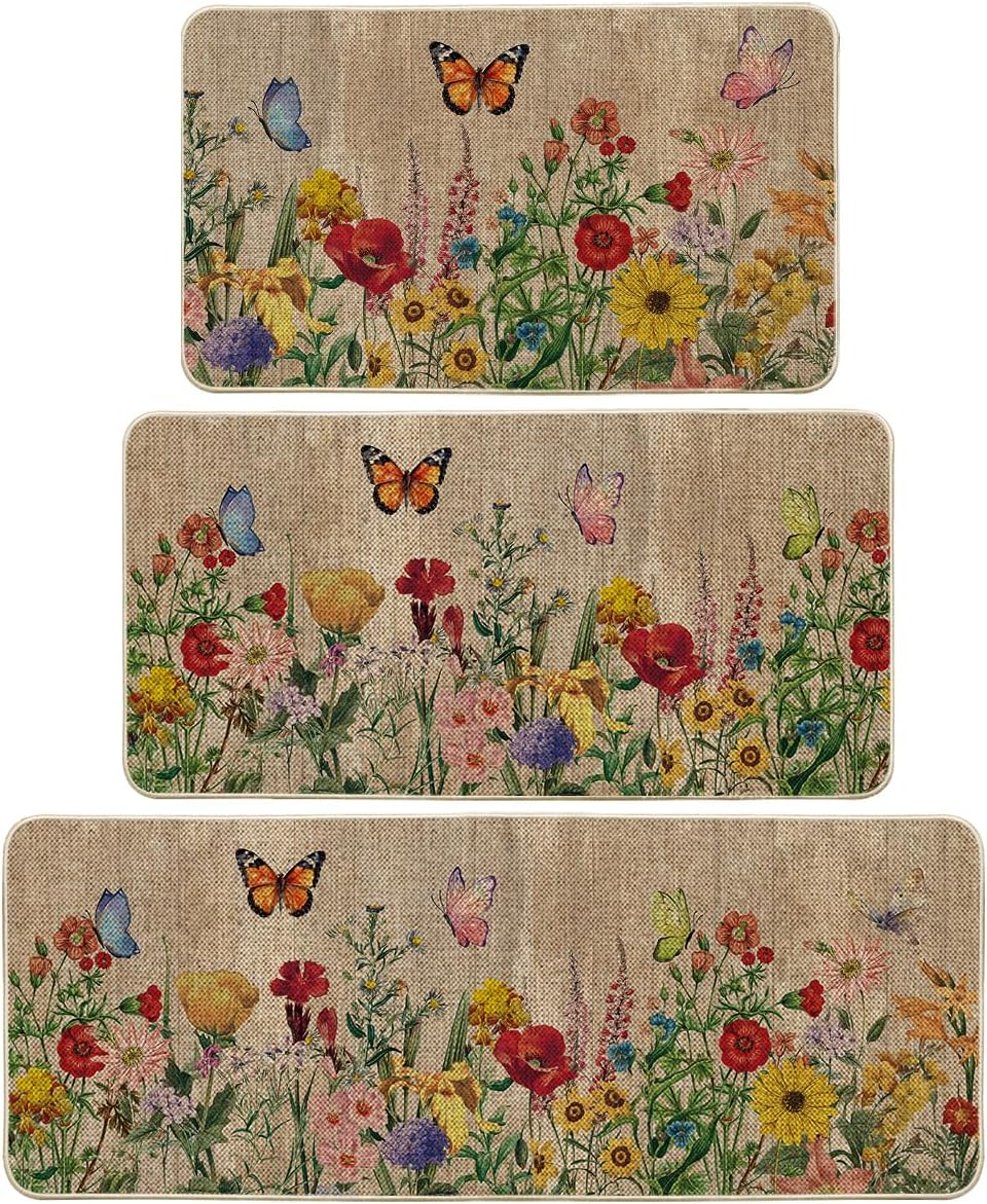 Artoid Mode Wood Flowers Butterfly Spring Kitchen Mats Set of 3, Seasonal Home Decor Leaves Low-Profile Kitchen Rugs for Floor - 17"x29"+17"x36"+17"x47"