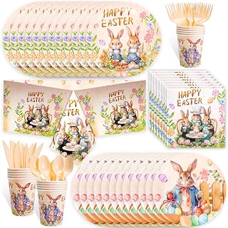 HOWAF 93pcs Retro Easter Tableware Set, Happy Easter Paper Plates and Napkins Sets Plastic Easter Tablecloth Disposable Dinnerware Bunny Paper Cups Forks for Easter Party Decorations Supplies