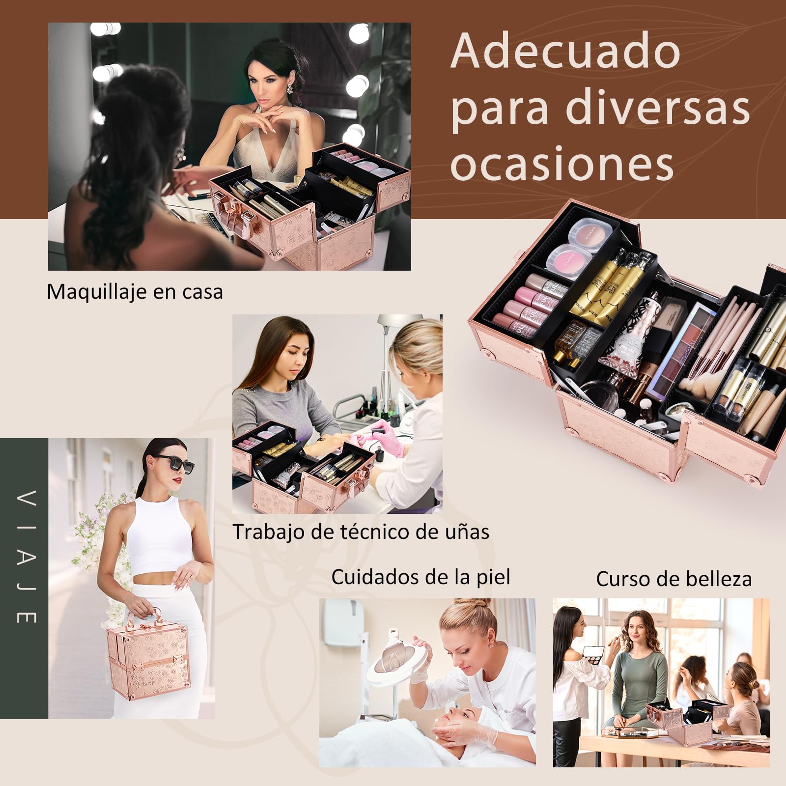Maletín Maquillaje Cosméticos Estuche Maquillaje y 4 Tarias Maleta de Makeup Case Estuche Organizador Estuche de Uñas Joyero y Manicura Beauty Case de Viaje para Mujer Profesional, Rosa Oro