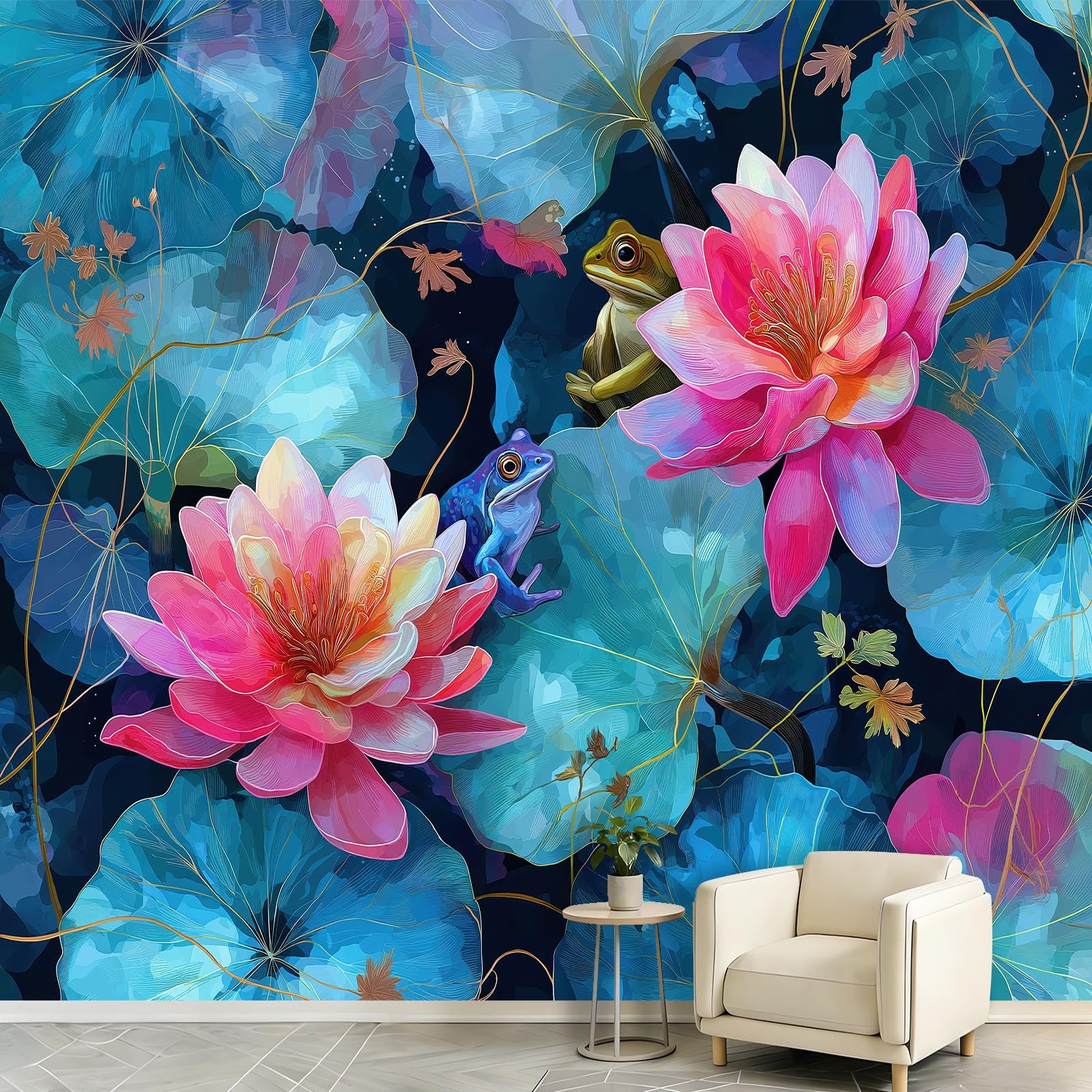 Fototapeta z efektem 3D, zwierzęta, żaby, akwarela – 250 x 175 cm, tapeta z włókniny, kwiatowe, lilie wodne, liście lotosu, tapeta ścienna, matowa i wodoszczelna, do salonu i sypialni, nowoczesna