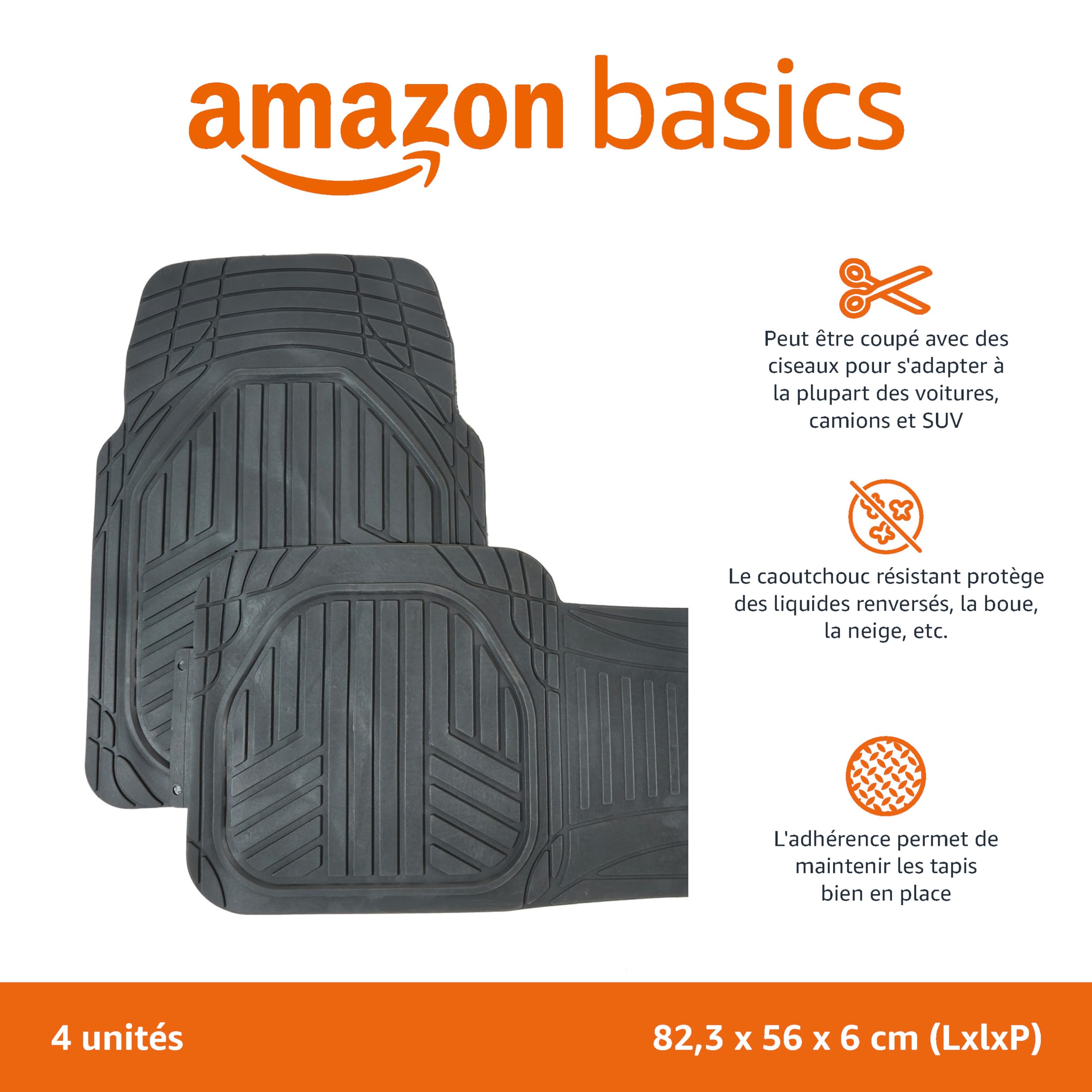 Amazon Basics Lot de 4 tapis de sol et de coffre robustes en PVC pour voitures, SUV, fourgonnettes toutes saisons, Noir