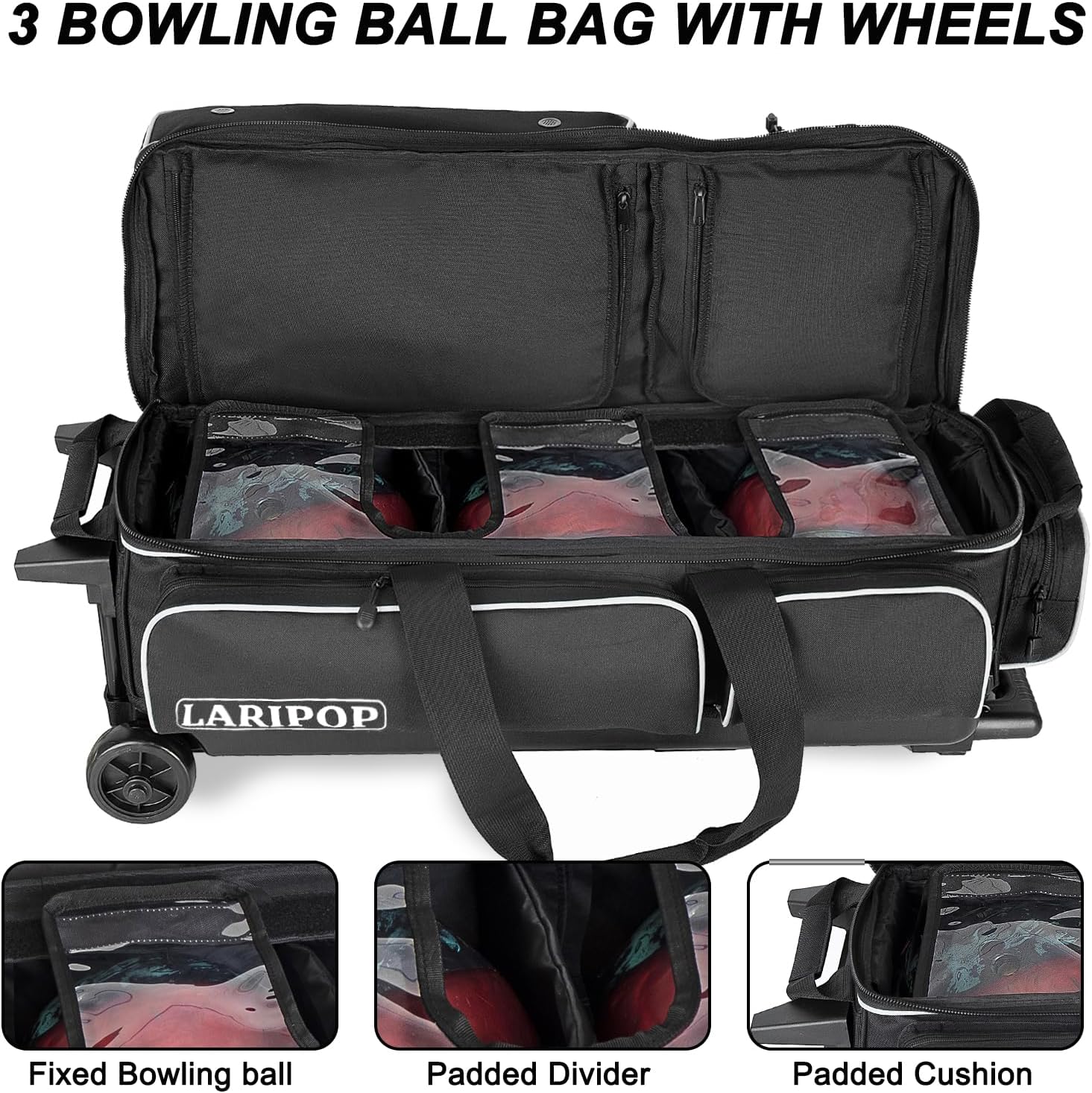 LARIPOP 3 Ball Bowling Bag with Wheels, Premium Roller Bowling Bag, Padded Compartment & Sturdy 38" Retractable Handle for League & Tournament Bowlers