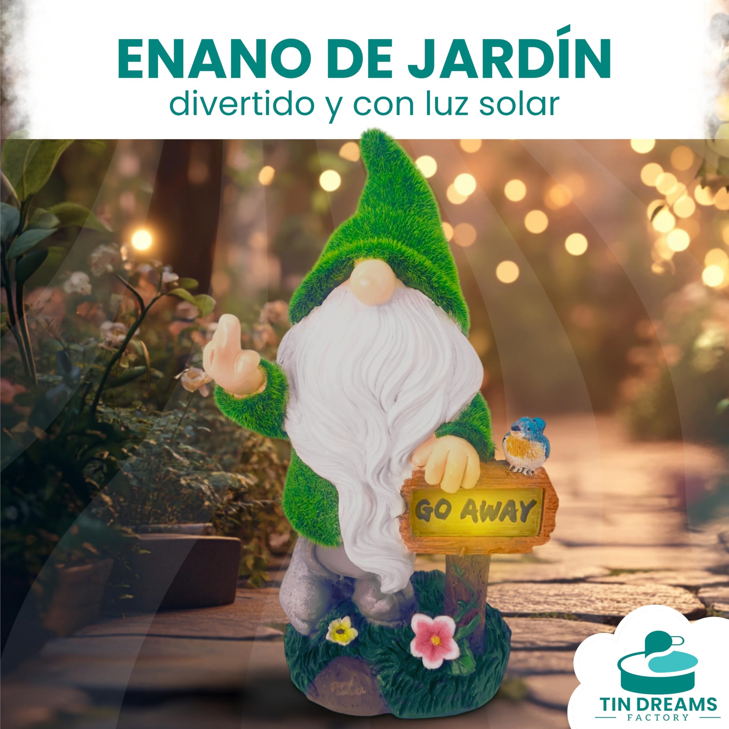 Gnomo de Jardín con Luz Solar “Go Away” – Figura de Resina Impermeable para Decoración Exterior – Enano Divertido para Jardín, Terraza o Patio – Adorno Original con Luz Automática