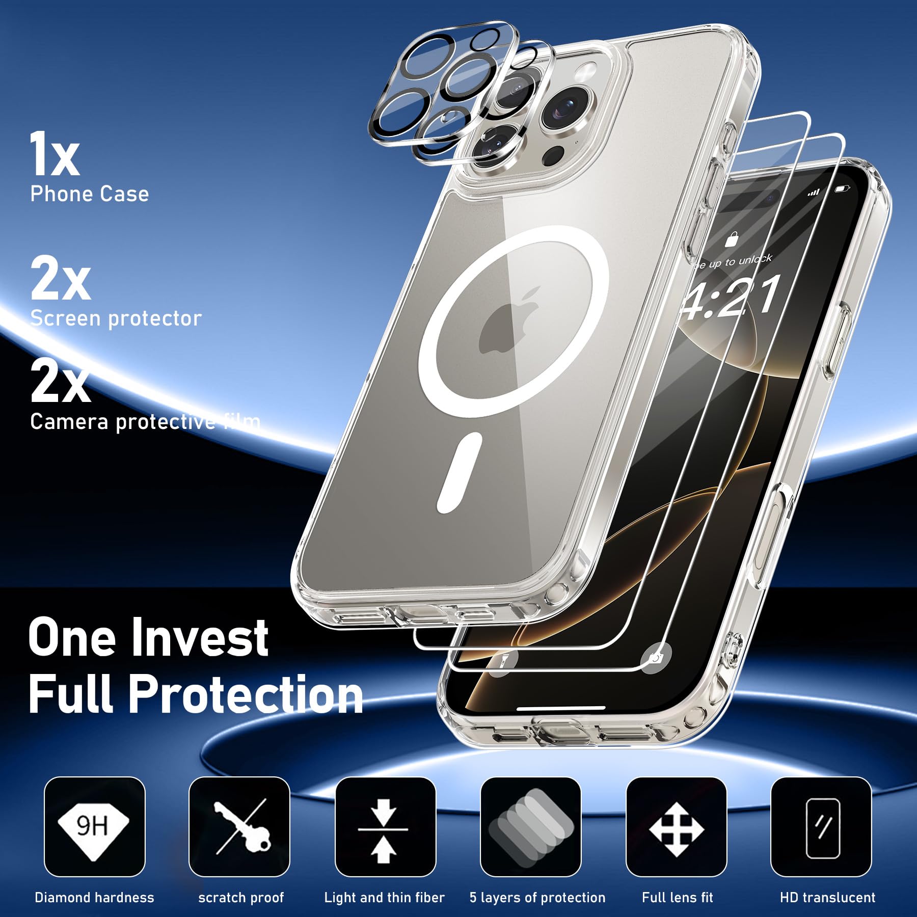 YisrLery Cover Compatibile con iPhone 16 Pro Max con 2 Vetro Temperato e 2 Vetro Fotocamera, Compatibile MagSafe Hard PC Anti-Graffio Protettiva Antiurto Bumper TPU Custodia 6.9" -Trasparent