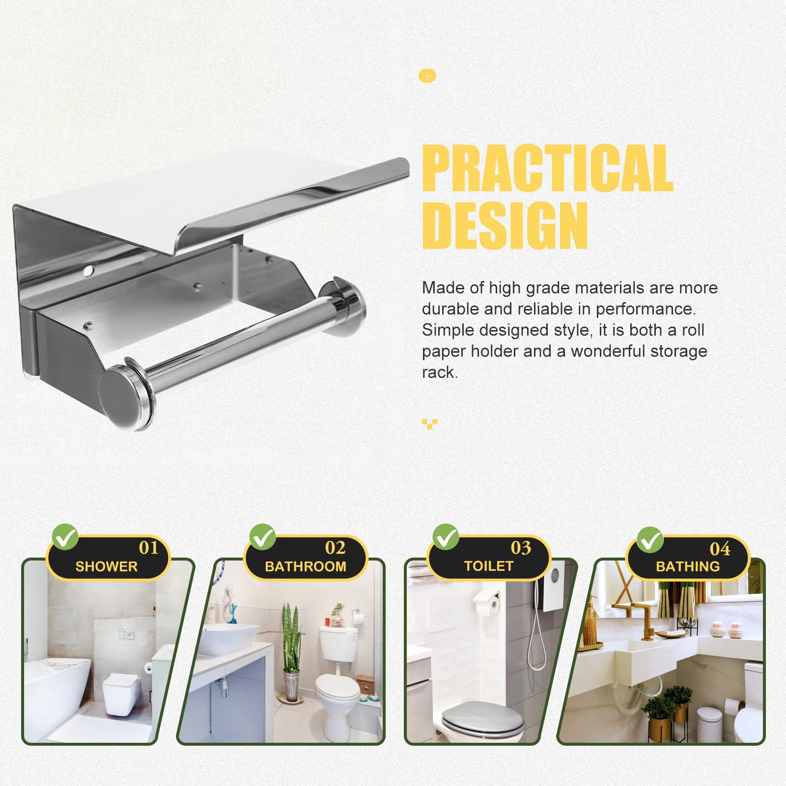 Portarotolo con Ripiano Argento in Acciaio Inox di Carta Igienica | Portarotolo di Carta Igienica con Ripiano, Design con Mensola, Antiruggine, per Bagno di Casa e Hotel