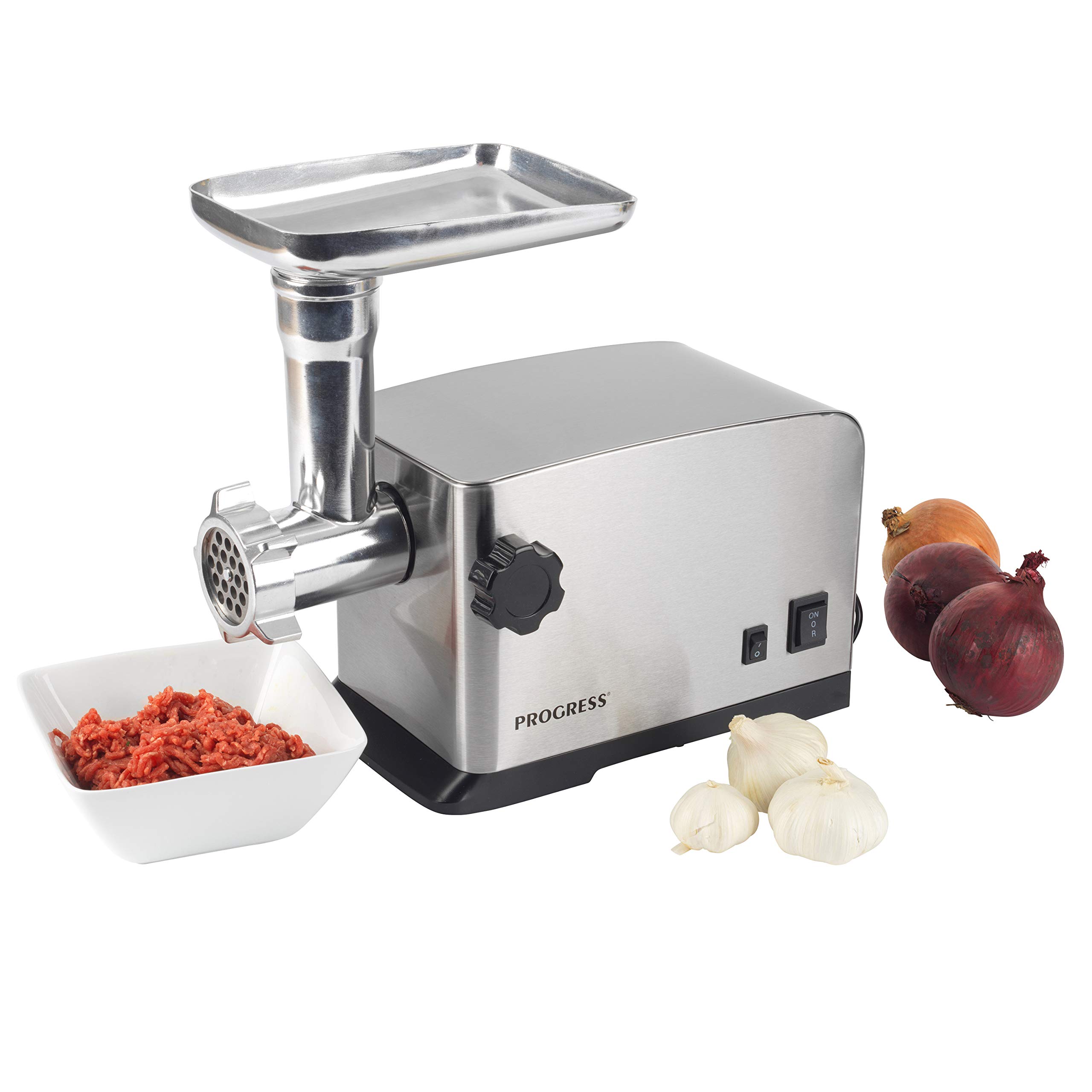 Progress EK4380P Electric Meat Mincer Grinder Kibbeh Maker, 2200 W, Stainless Steel Design, 3 Grinding Blades and Sausage Nozzle, On/Off/Reverse/Forward Functions