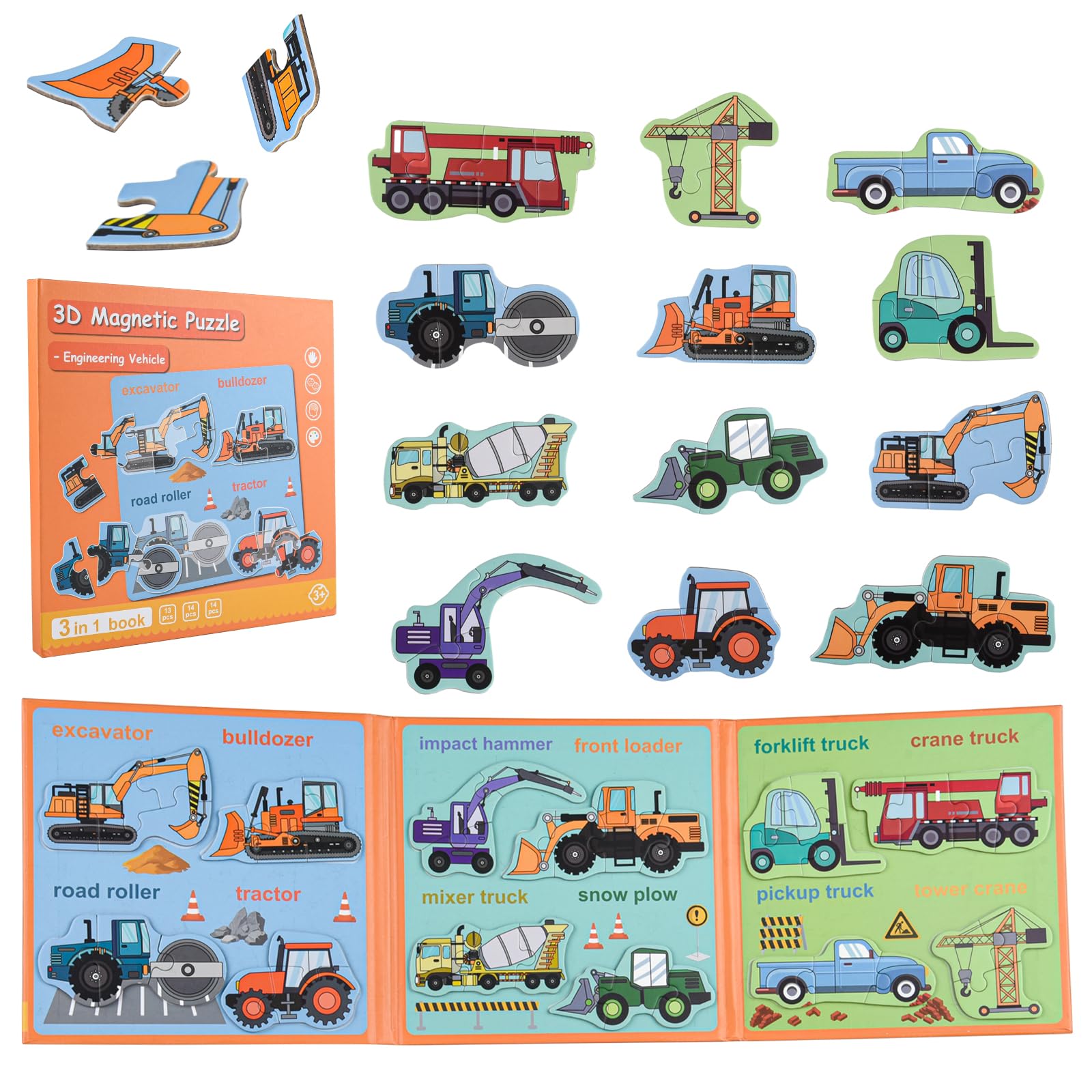 ASTARON Magnetic Puzzle with 80 Puffy Stickers for Toddlers 41 Pieces Construction Vehicles Toddler Puzzles Preschool Education learning Travel Toys Car Plane Activities For Kids Quiet Time