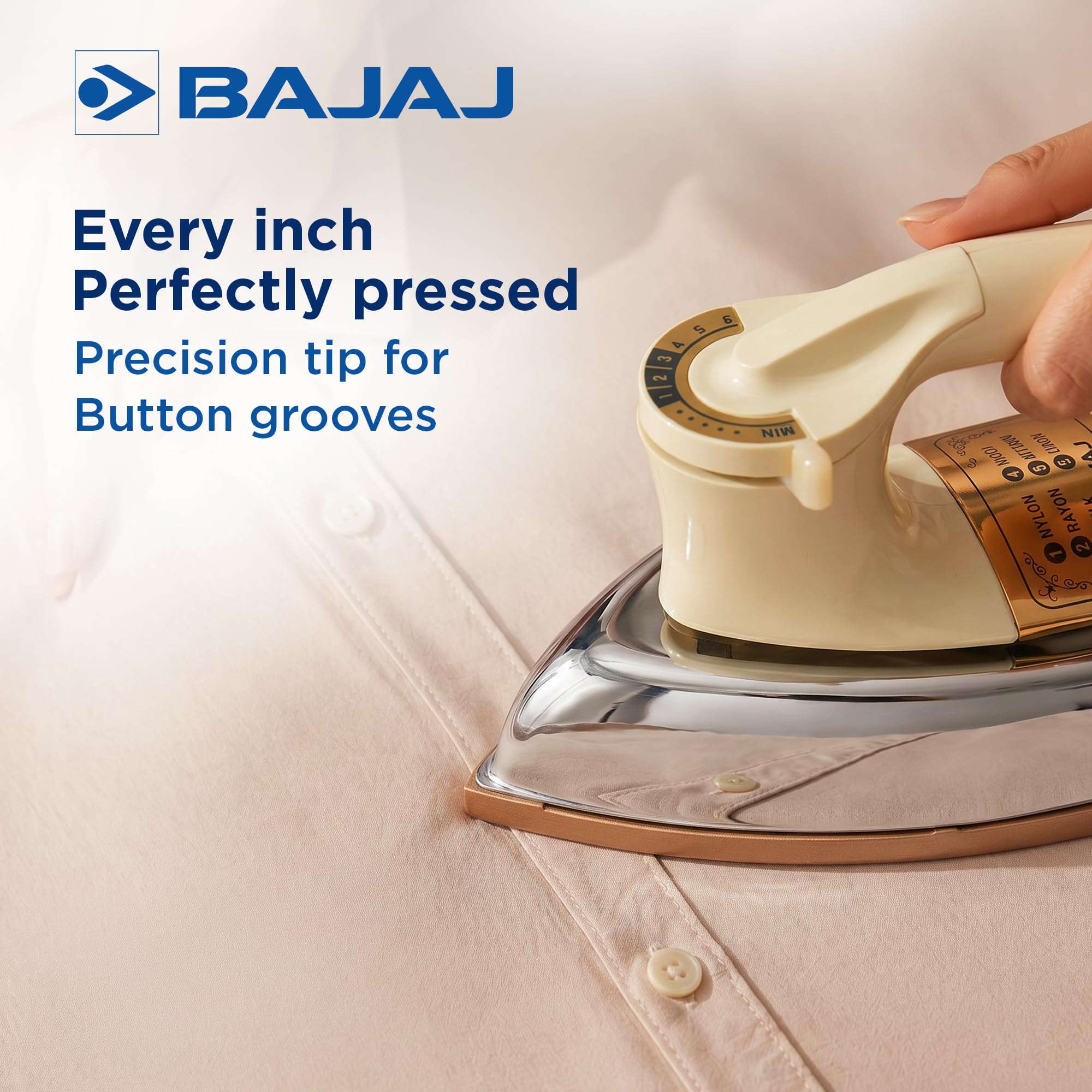 Bajaj DHX-9 1000W Heavy Weight Dry Iron | Advance Soleplate And Anti-Bacterial German Coating Technology | Multiple Temperature Levels | 2 Yr Warranty 【Ivory】 3