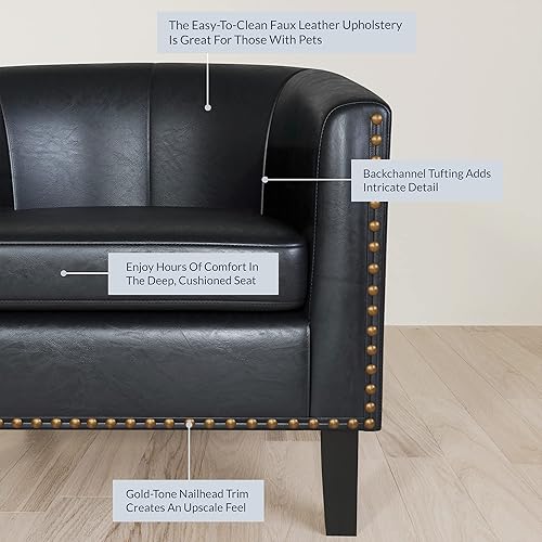 Miniatura 4 de BELLEZE Silla Accent Barrel, moderna silla tapizada para sala de estar, silla de piel sintética con ribete de cabeza de uñas doradas, patas negras,