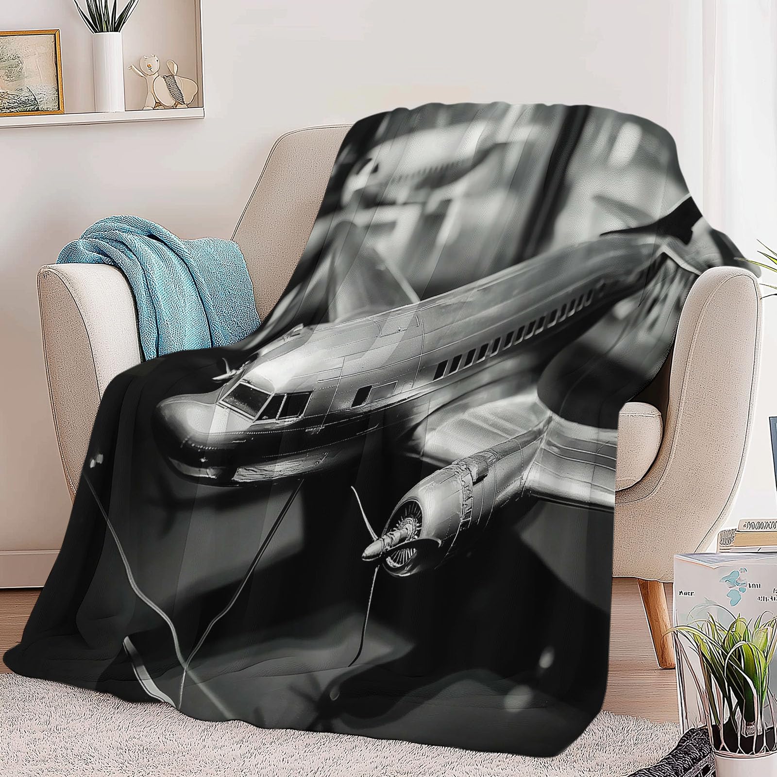 Générique Koc w kratę 150 x 200 cm DC 3 Model samolotu Ultra miękki koc flanelowy z nadrukiem premium narzuta na sofę dla nastolatków i dorosłych, czarny