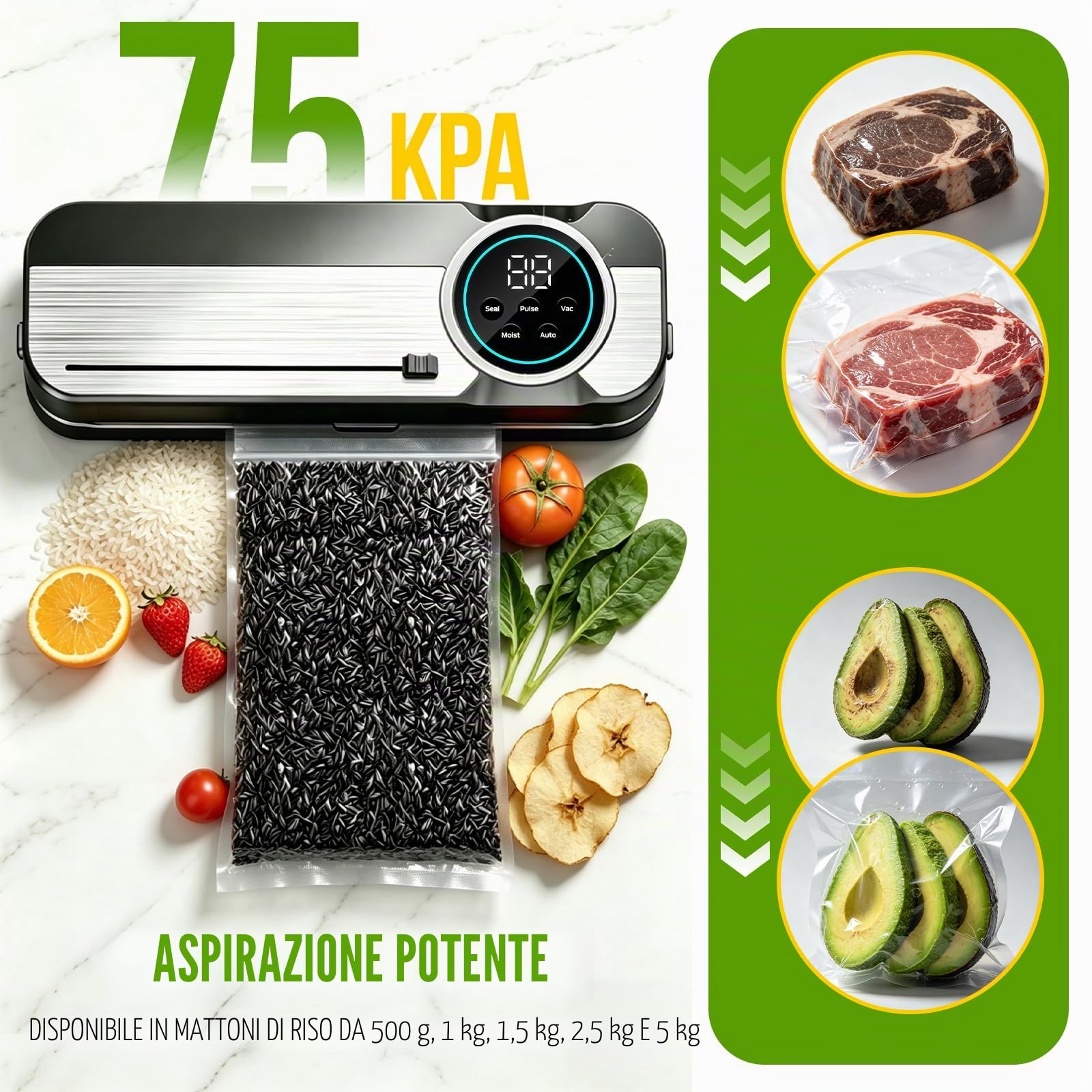 RoserRose Macchina Sottovuoto Alimenti 6 in 1, 75 KPA, 120W con Doppia Sigillatura a Caldo, Modalità Asciutto/Umido, Acciaio Inox 304, con 50 Sacchetti Sottovuoto e 1 Tubo Sottovuoto