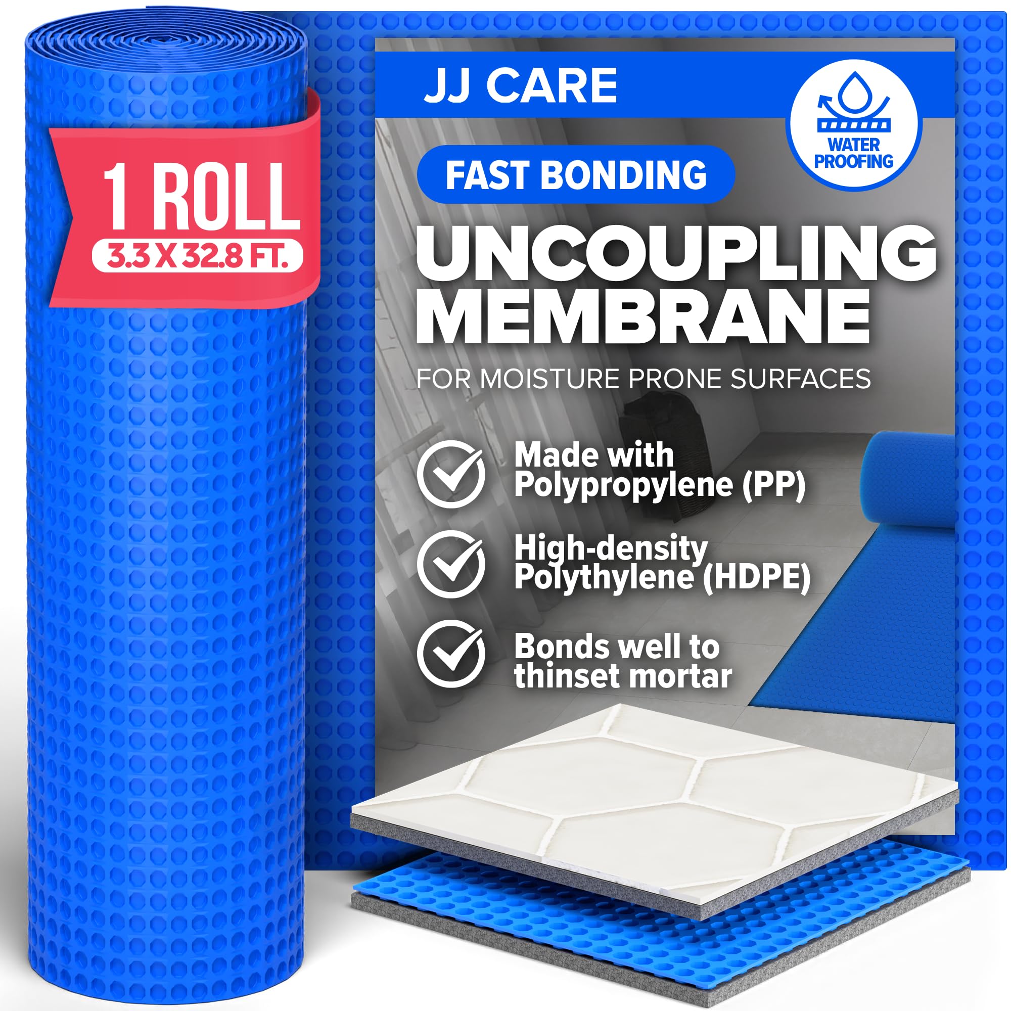 JJ CARE Tile Uncoupling Membrane, 108 Sq.Ft Roll 3.3 ft x 32.8 ft Blue, Waterproof Underlayment for Tile Floors, Crack Isolation Layer for Flooring
