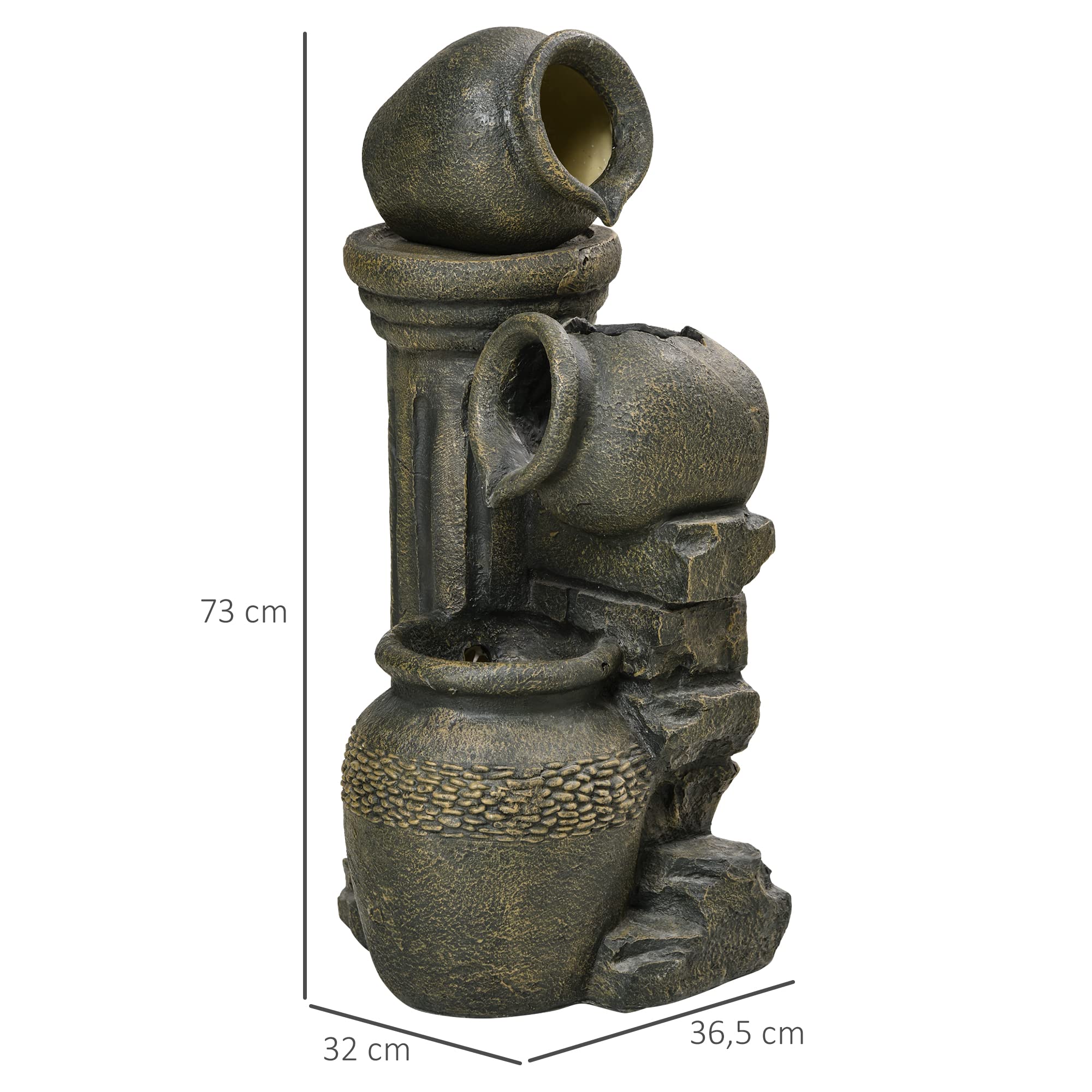 Outsunny Zen - Fuente de jardín ornamental (3 jarras, flujo ajustable, bomba de agua sumergible, incluye dim. 36,5 x 32 x 73 cm, resina gris