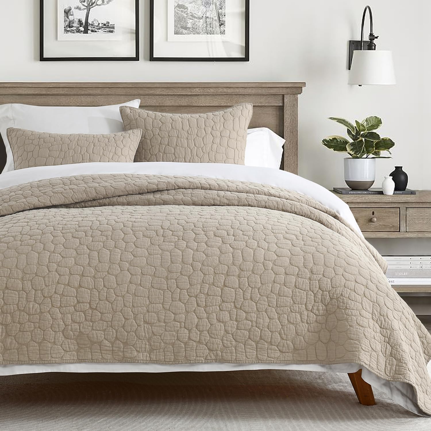 100% Cotton Quilt Set Queen Size, Beige Pre-washed Bedspreads Coverlet Set with Cobblestone Pattern, Cozy Lightweight Stitching Decorative Bedding Cover with 2 Shams Rustic Style for All Season Beige-cobblestone Pattern Full/Queen