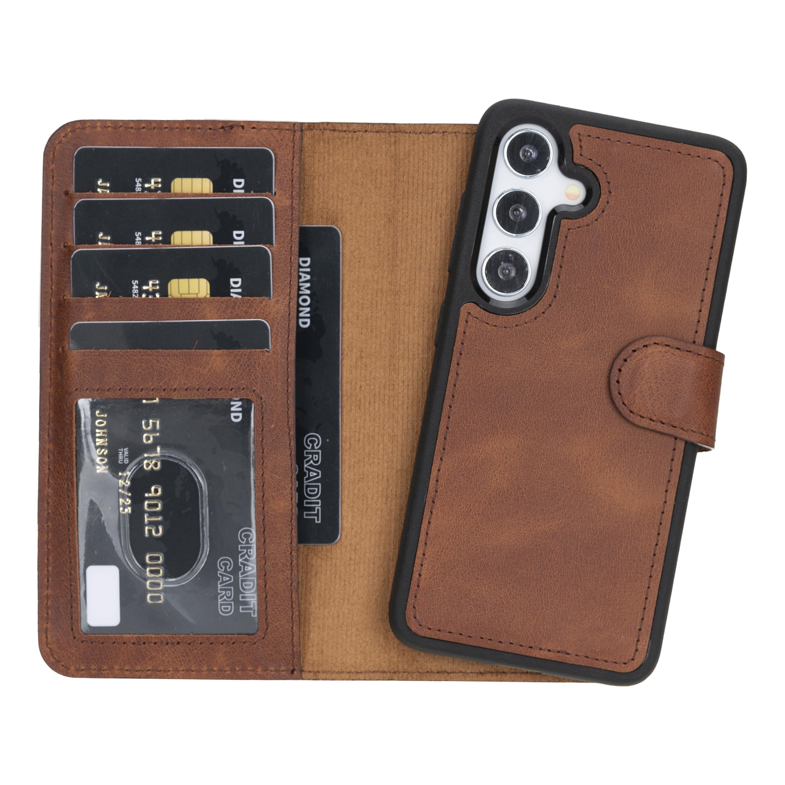 HARDISTON Genuine Premium Leather Handmade Wallet Case for Galaxy S25- Detachable Strong Magnetic Flip Cover with Card Holders and Kickstand (Brown,