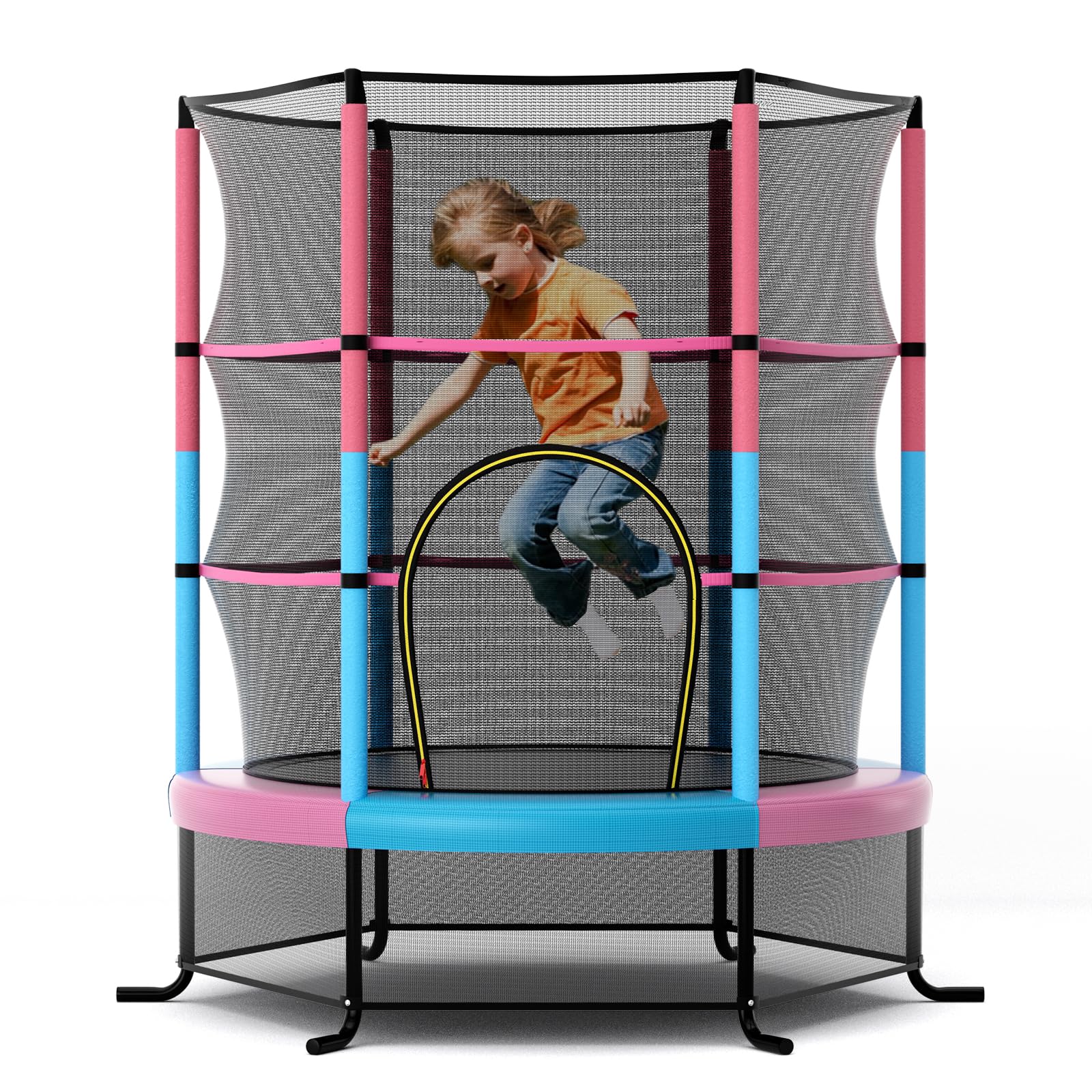 COSTWAY Trampoline Extérieur Enfants Ø165 CM avec Filet de Sécurité, Trampoline Enfants avec Cadre en Acier & 6 Poteaux Recouvert de Mousse, Charge Max 135kg pour Garçon et Fille…