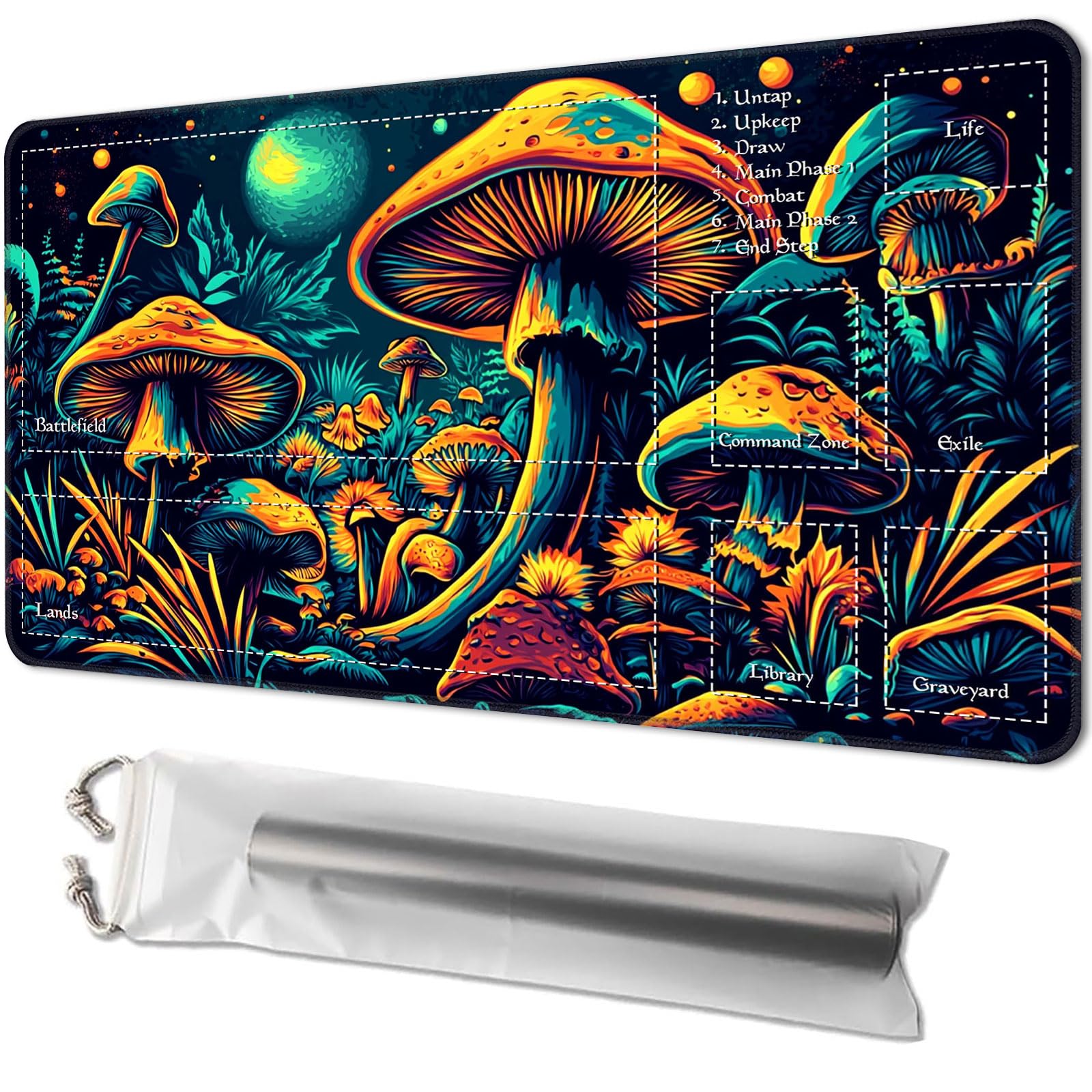 Playmat for MTG, Game Mat 24 x 14 inches, with Free Storage Bags, TCG and Board Game Mat for Cards, Ideal for Card Game Enthusiasts, Mushrooms 02