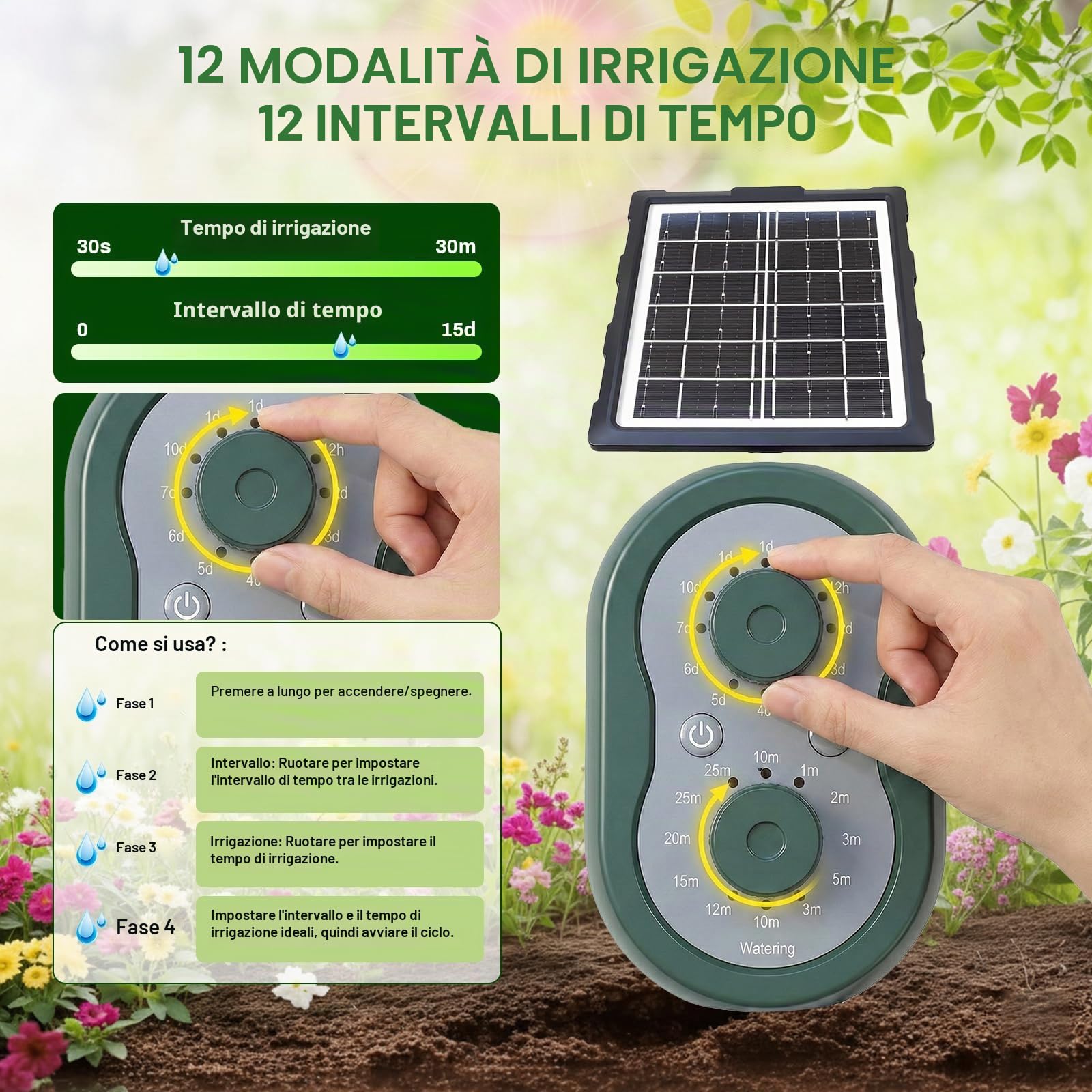 Sistema di irrigazione solare per vasi da fiori, sistema di irrigazione automatico con ricarica USB, dotato di tubo flessibile da 15 m e modalità di irrigazione personalizzate, adatto per giardini