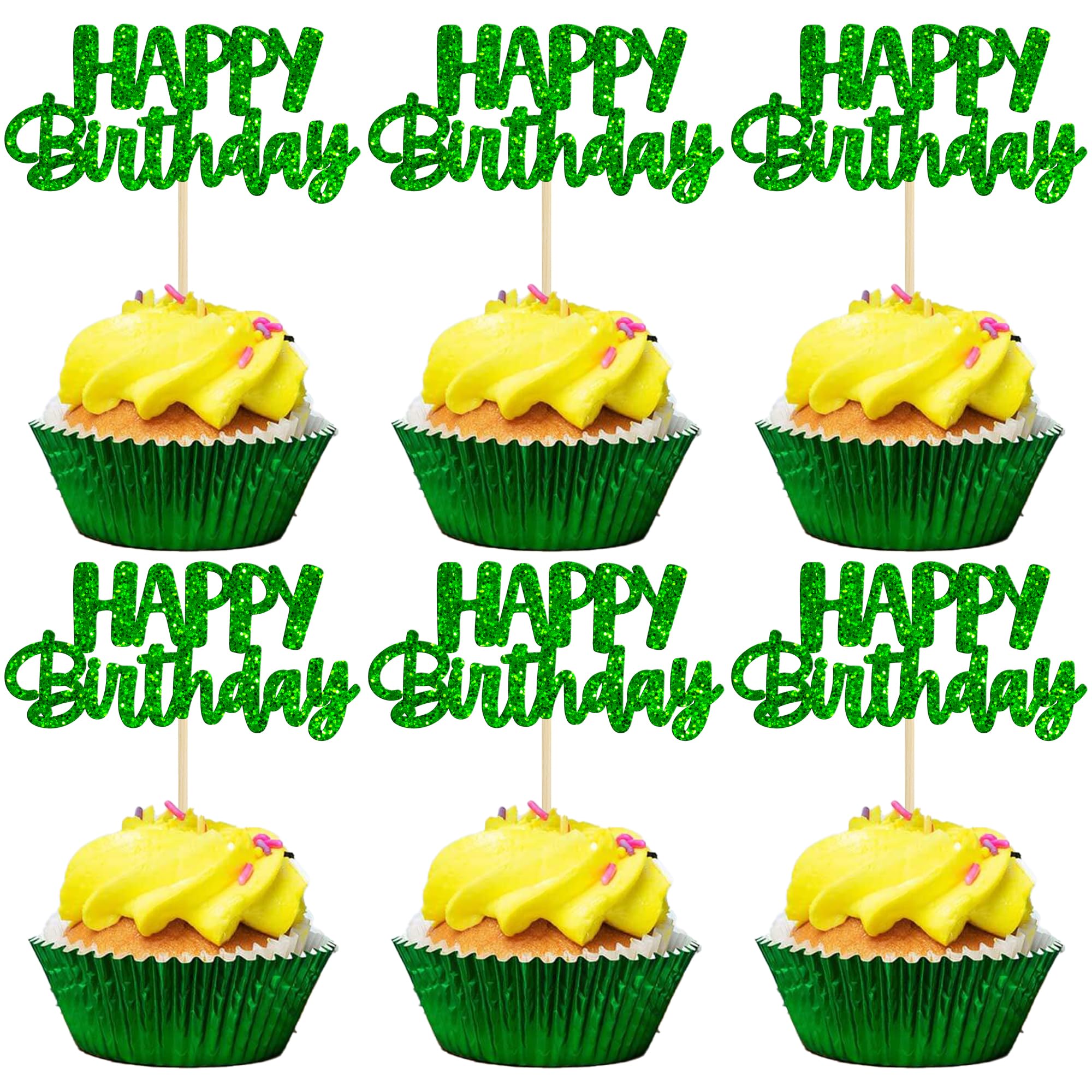 Gyufise 24Pcs Happy Birthday Cupcake Toppers Glitter Birthday Cupcake Food Picks for Celebrating Happy Birthday Theme Party Cake Decorations Supplies Green