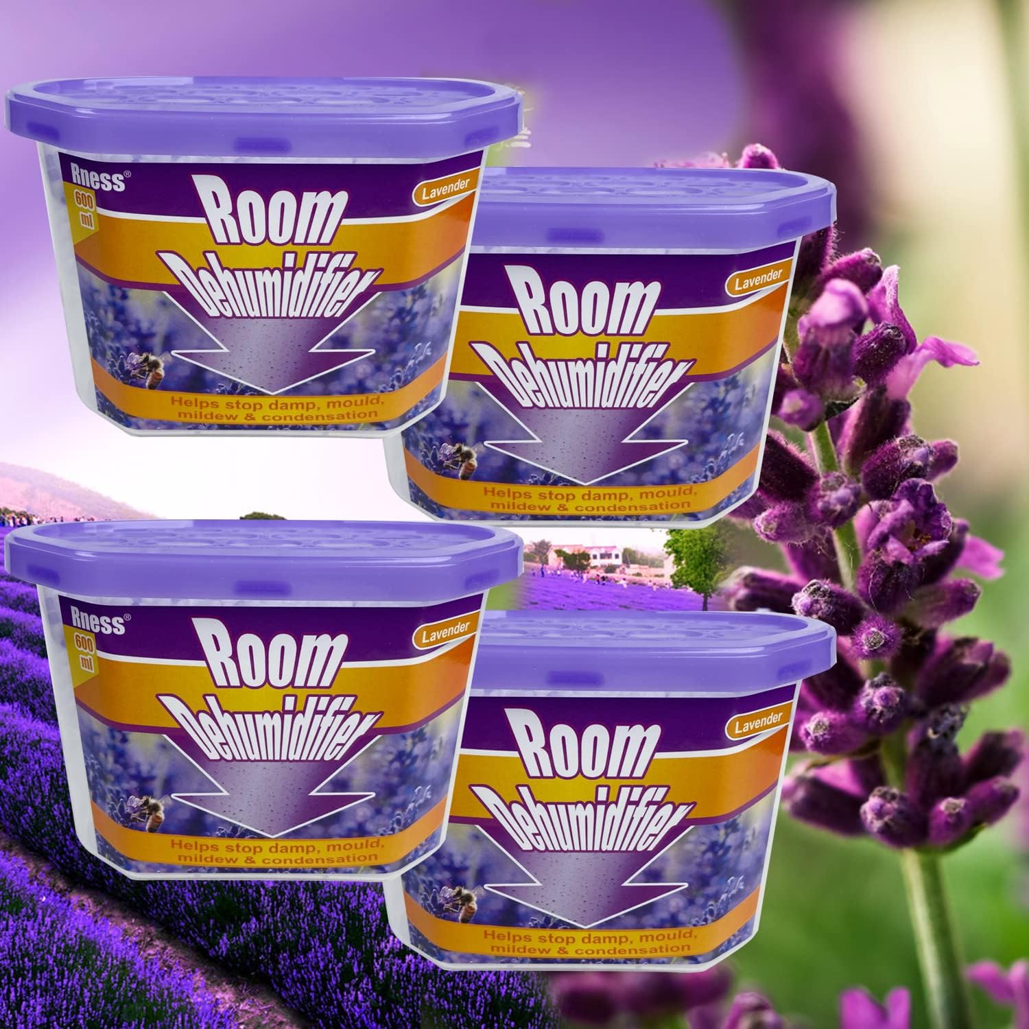 Rness 4-Pack Lavender Moisture Absorber Boxes (9.5oz/600ml) - Powerful Dehumidifier for Bathroom, Closet & Wardrobe | Mold Prevention, Odor Eliminator with Visible Water Collection Z (4 Pack)