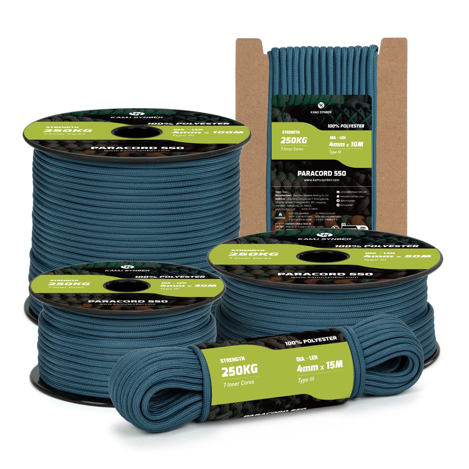 Kamu Synber Paracord 550 Type III 4mm 15m 7 Strands 100% Polyester Rope Parachute Cord Ideal for Crafting, Outdoor, Survival | Support 250kg | Teal