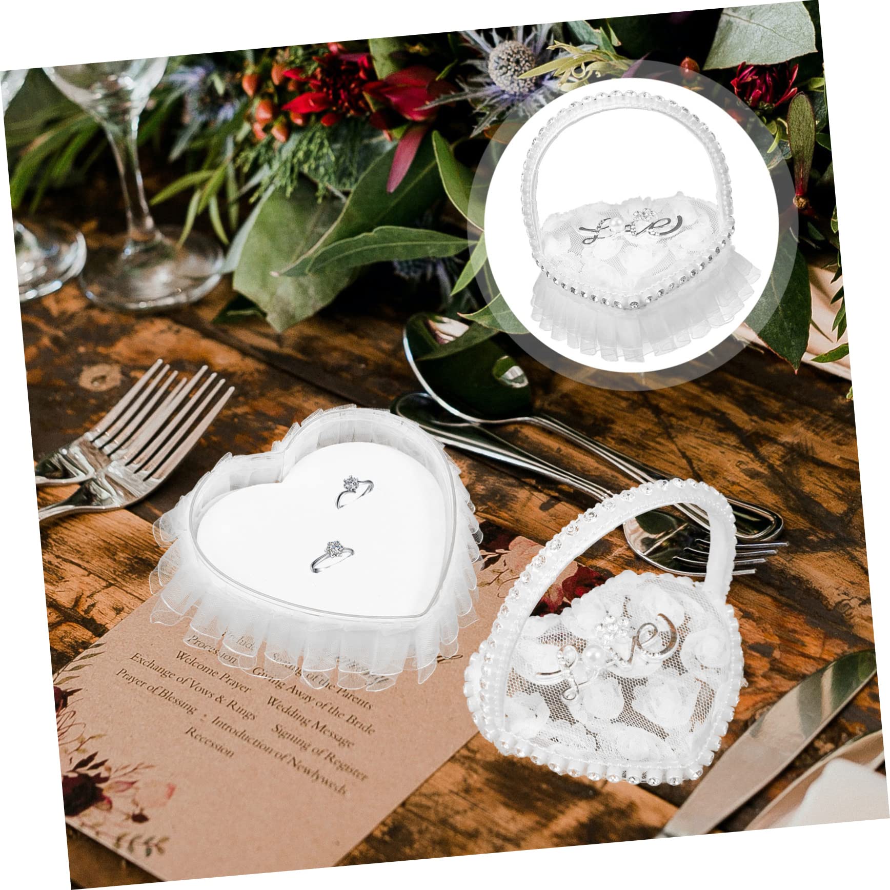 Abaodam 5pezzi Cuscino Portafedi Cuore Con Pizzo Elegante Per Matrimonio Porta Anelli Raso Con Manico Decorazione Nuziale Romantica Accessorio Per Cerimonia Di Fidanzamento