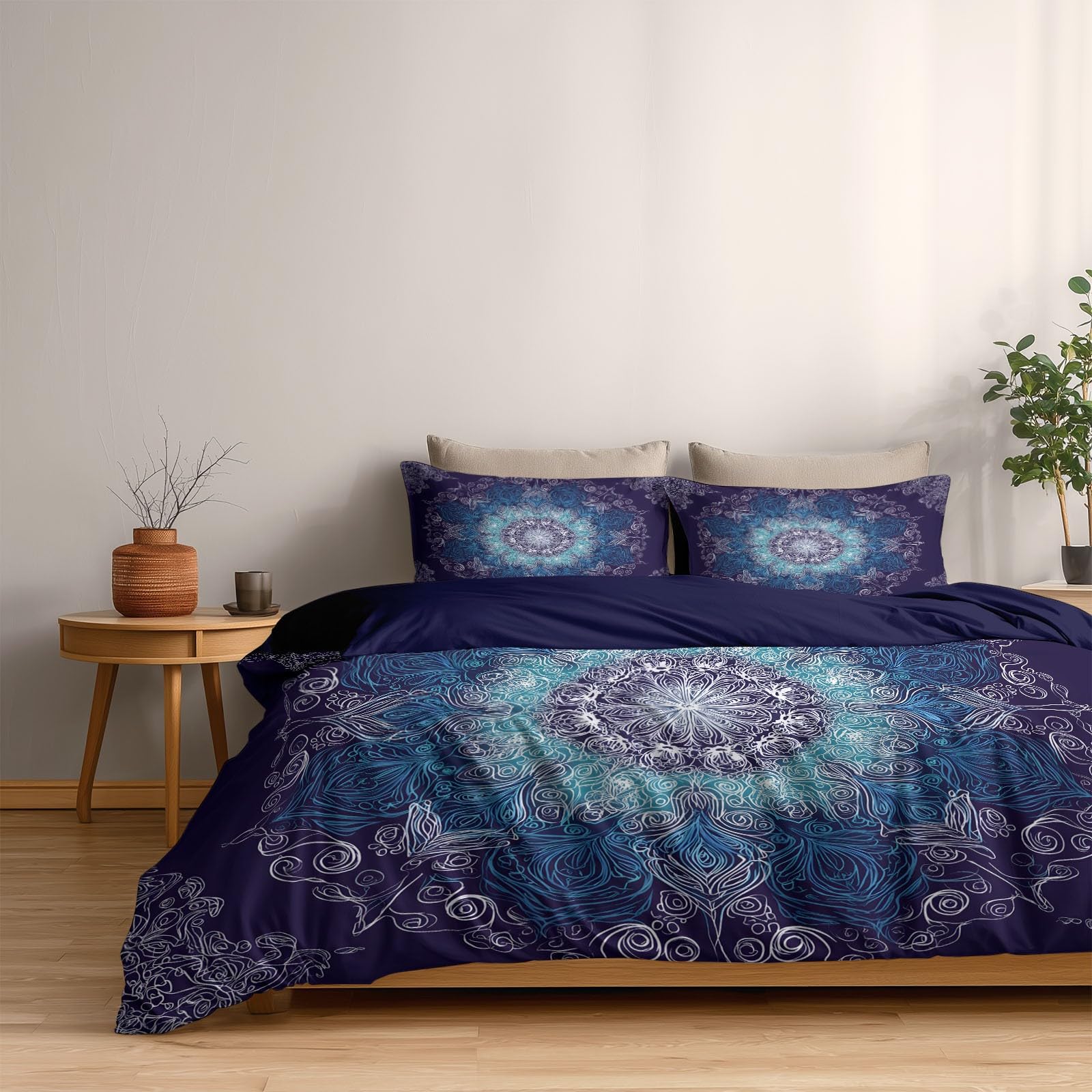 Boho Texturen Geometrisches Mandala Totem 3-teiliges Bettwäsche-Set, 1 Bettbezug 180 x 200 cm und 2 Kissenbezüge 80 x 80 cm,aus bügelfreier Mikrofaser Lila
