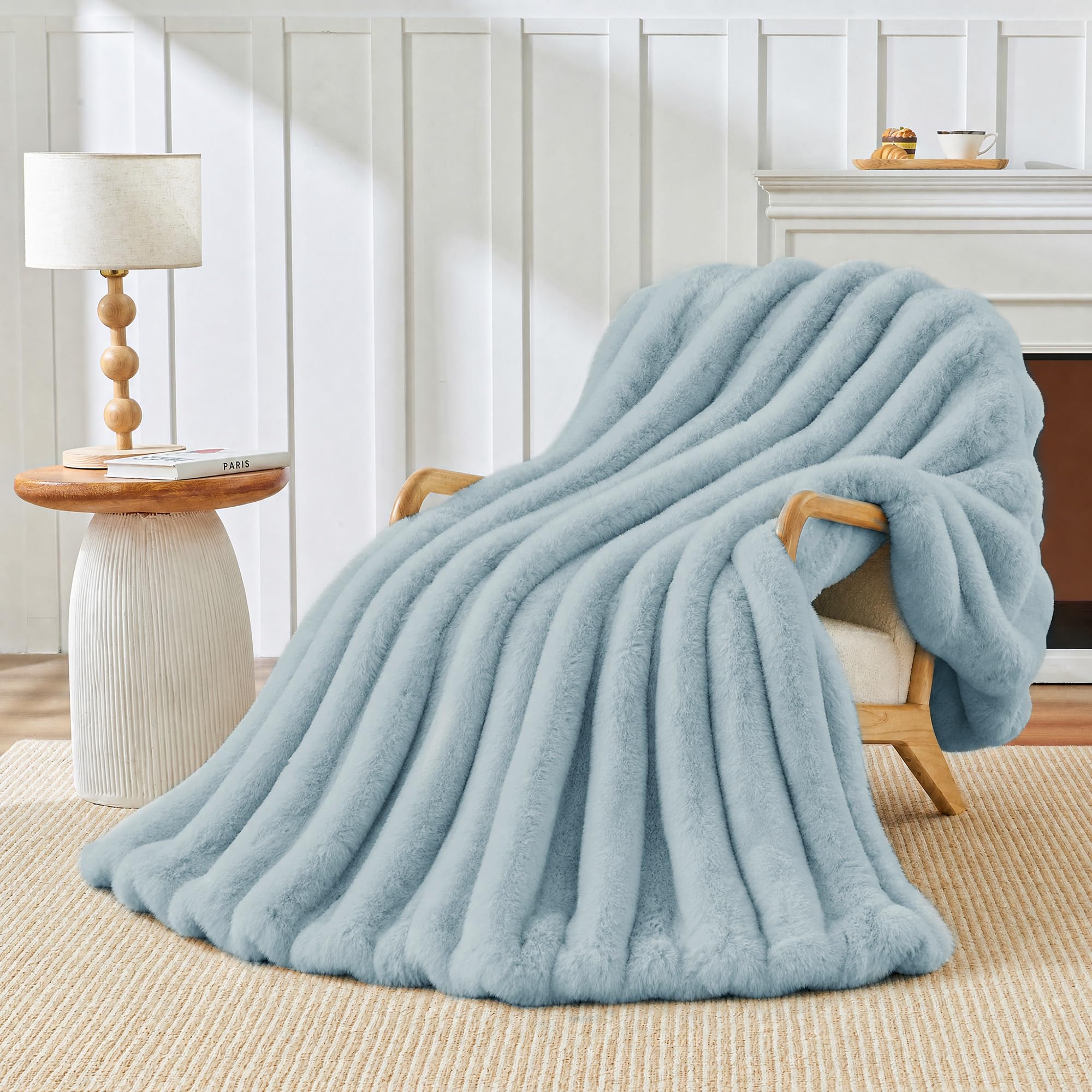 Touchat Faux Rabbit Fur Throw Blanket for Couch,Soft Fluffy for Women Blue Blue Throw Size - 50' x 60'
