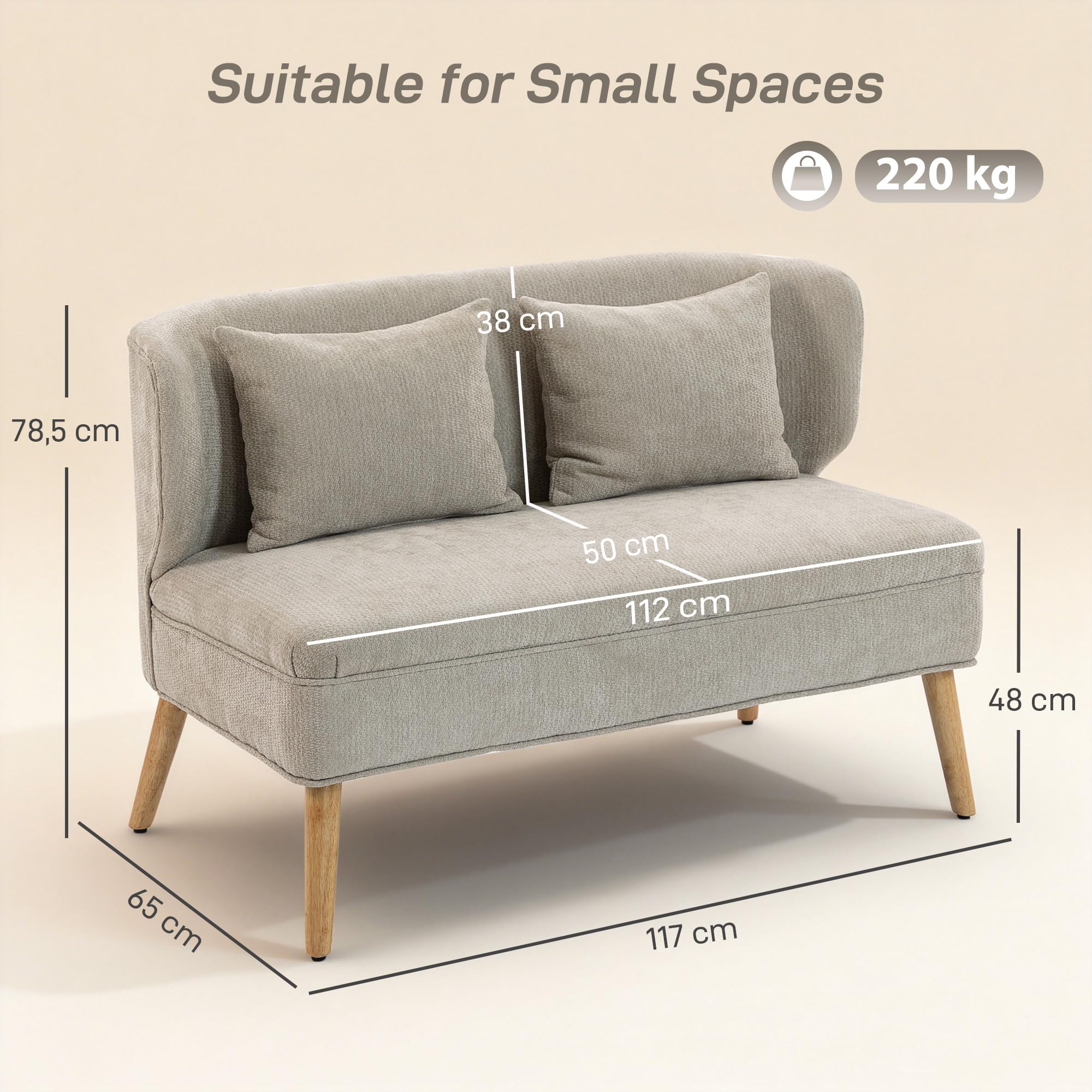 HOMCOM Sofa 2 Sitzer Kleine Couch mit Flügelrücken Doppelsofa 117 cm Beige | 2 Wurfkissen, Dick Gepolstert, Modern Polstersofa, Chenille-Optik, Holzbeine, für Kleine Räume, Wohnzimmer, Schlafzimmer