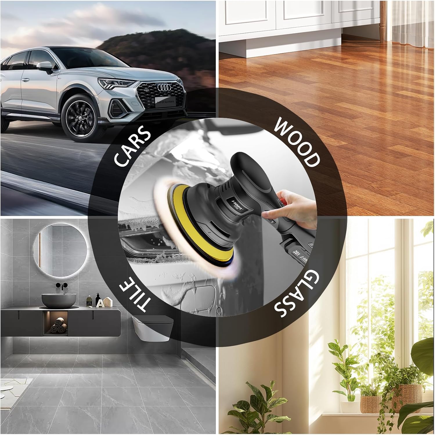 JUSFIT Cordless Car Buffer Polisher kit, 2x 2000mAh 20V Batteries, 6-Speed Brushless Motor, 6-Inch Pad, 3.0LB Lightweight, Dual Action Random Orbital, Car Detailing, Boat, Wood & Furniture - Image 8