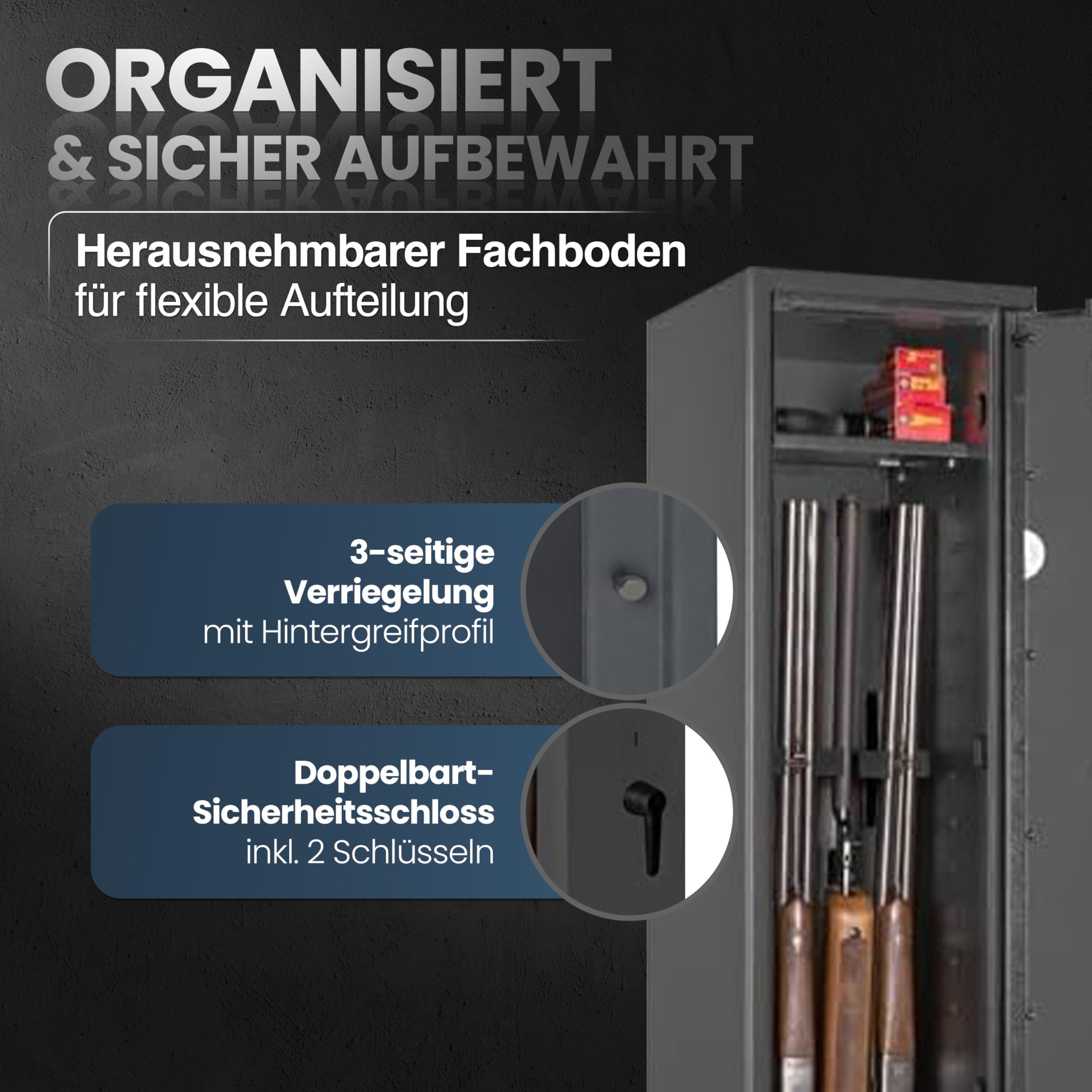 Waffenschrank EN 1143-1 Klasse 0 mit 4 Waffenhaltern, Waffentresor mit Schlüsselschloss, Tresor für Langwaffen, Kurzwaffen und Munition, Grad 0