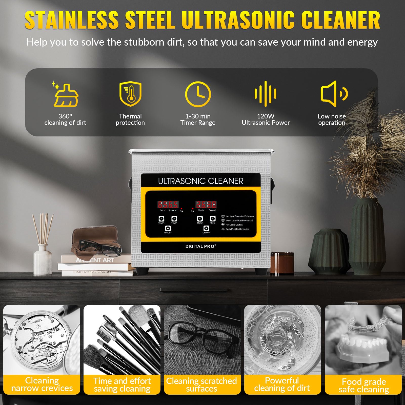 VELPAX 3.2L Pulitore Ultrasuoni Industriale con Riscaldatore e Timer Digitale 120W Acciaio Inossidabile Timer di Riscaldamento Digitale Pulizia Gioielli per Uso Domestico Personale Commerciale