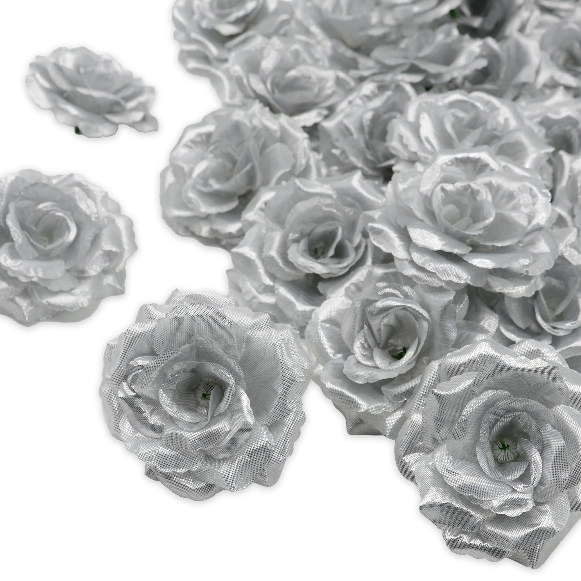20 Pcs Silver Rose Flower Head, Artificial Flowers Bulk for DIY Crafts, 3 Inch Silk Rose Fake Flower for Decoration, Wedding Home Party Decor Baby Shower Centerpieces Table Decor, No Stem