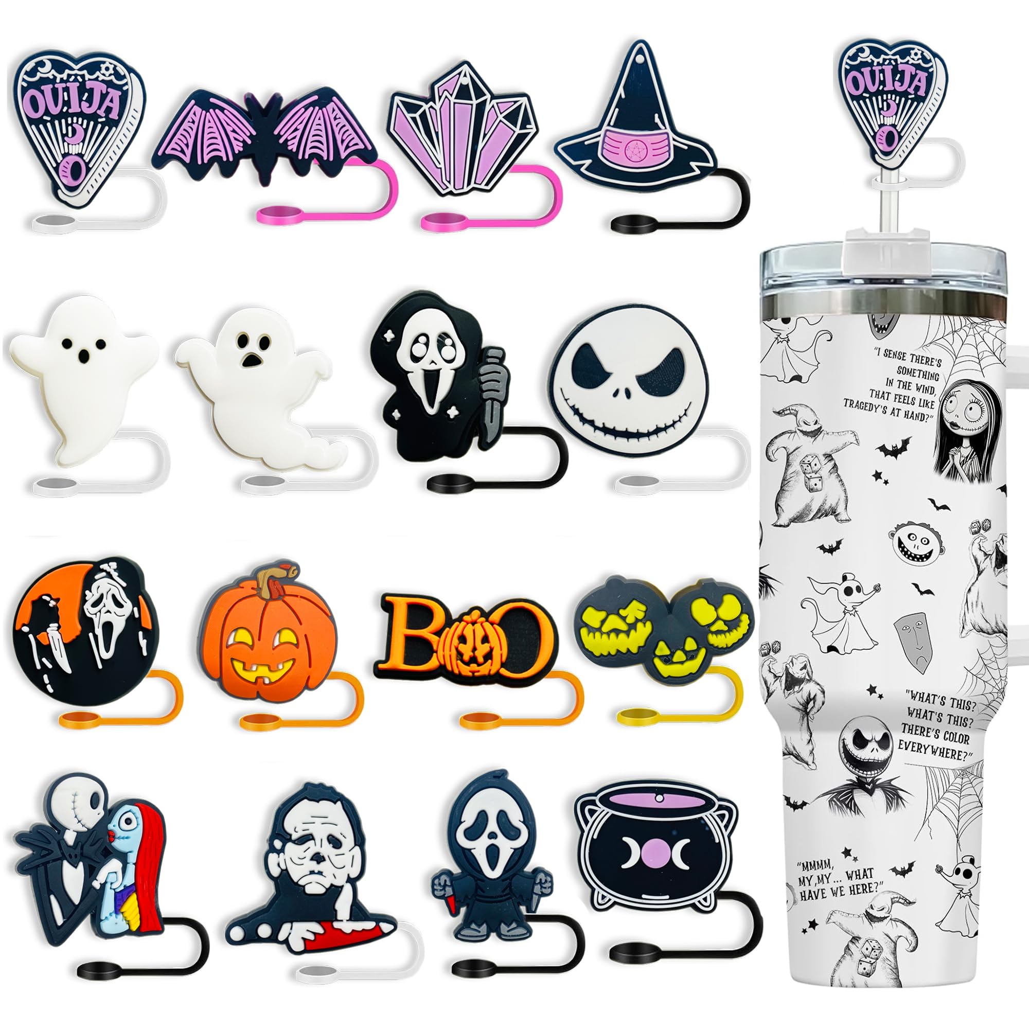 16pcs Halloween Straw Cover Cap For Stanley 30-40 oz Tumblers Reusable Silicone Straws Toppers for Halloween Stanley Cup Accessories