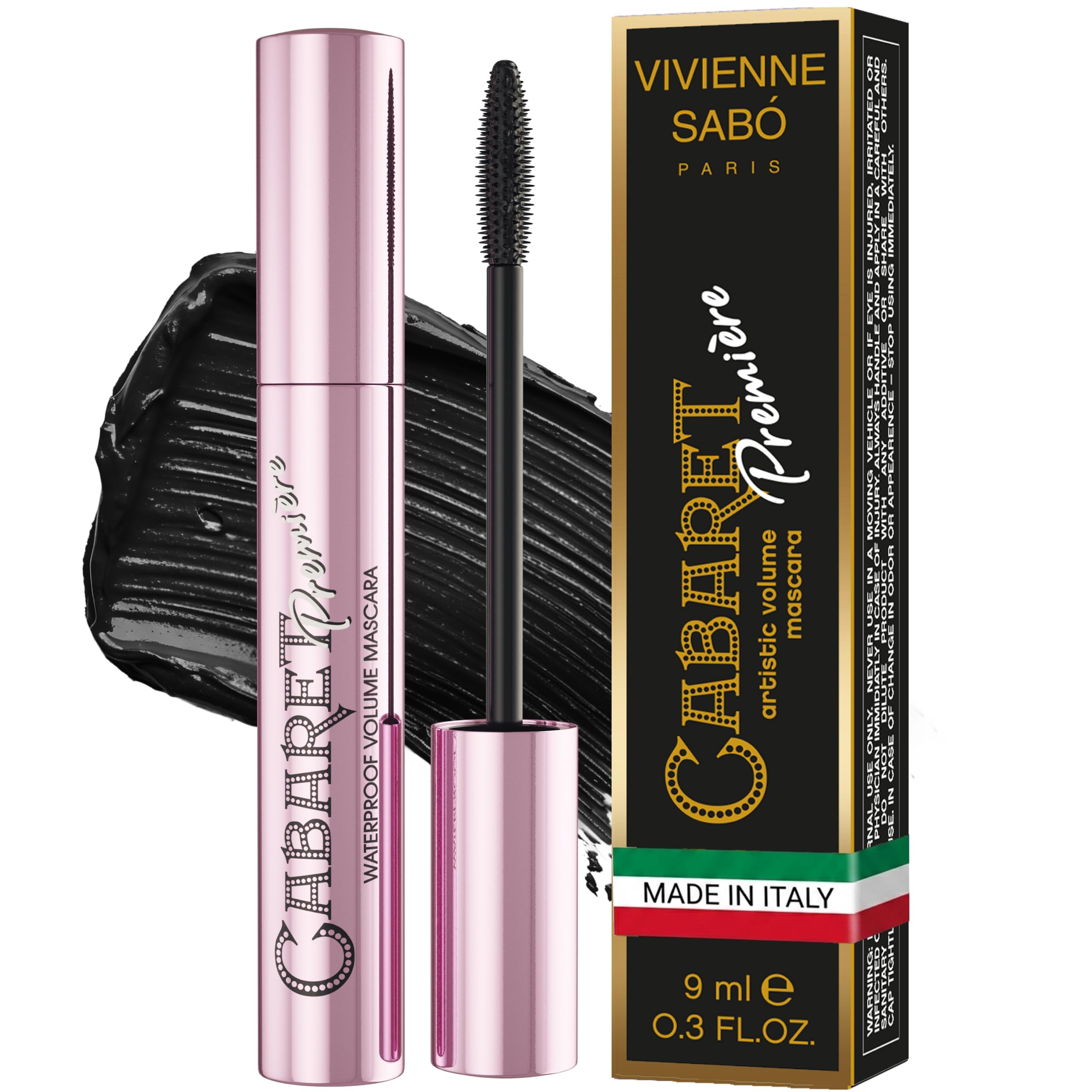 Vivienne Sabó Cabaret Premiere Black Waterproof Mascara, Volume and Length, Curling, No Flaking, No Clumping, Smudge Proof, Washable, Cruelty-Free, Made in Europe, (01 Black), 0.3 Fl Oz, 1 Pack