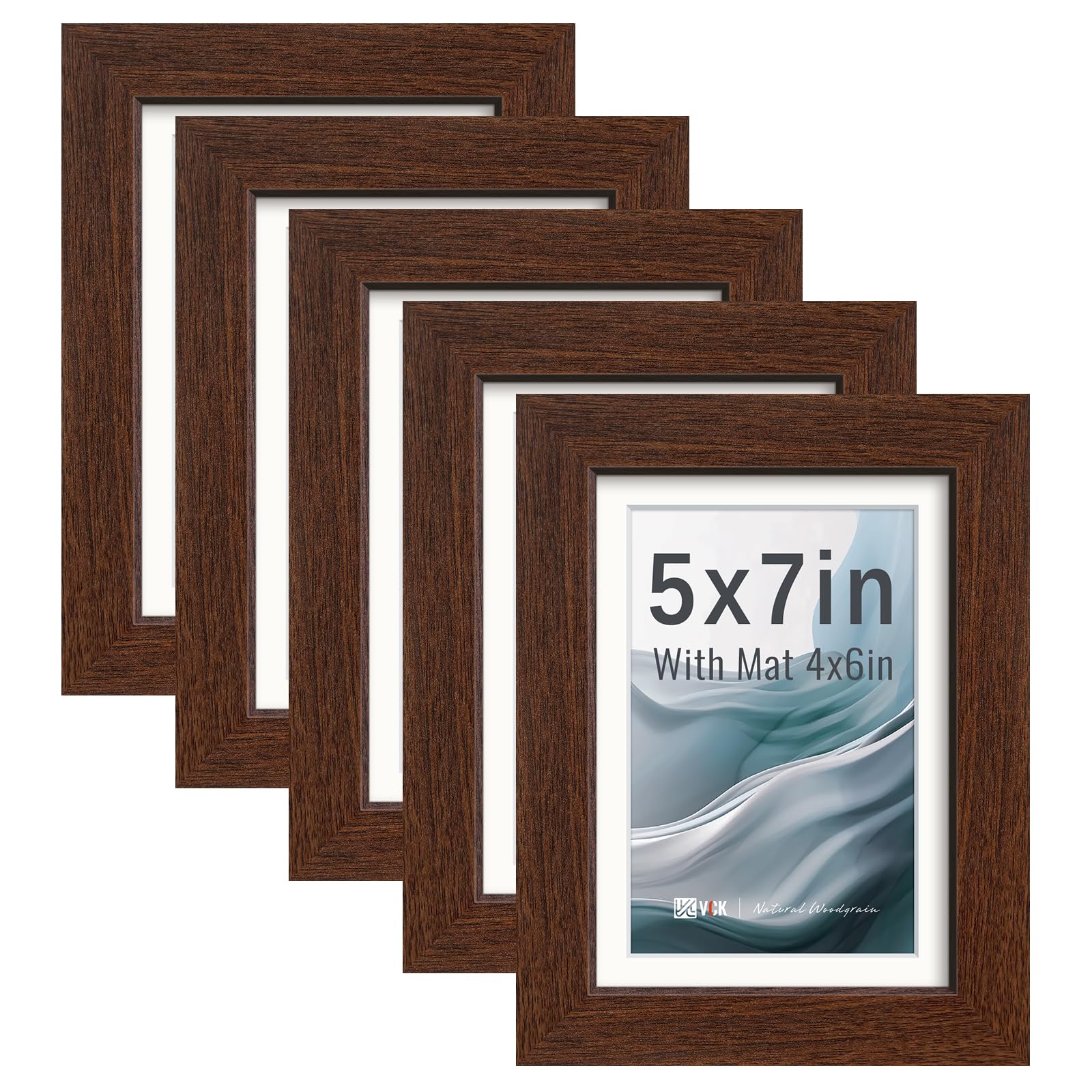 VCK 5x7 Picture Frame 5 Pack, Brown Exclusive Wood, HD Glass, for Photo