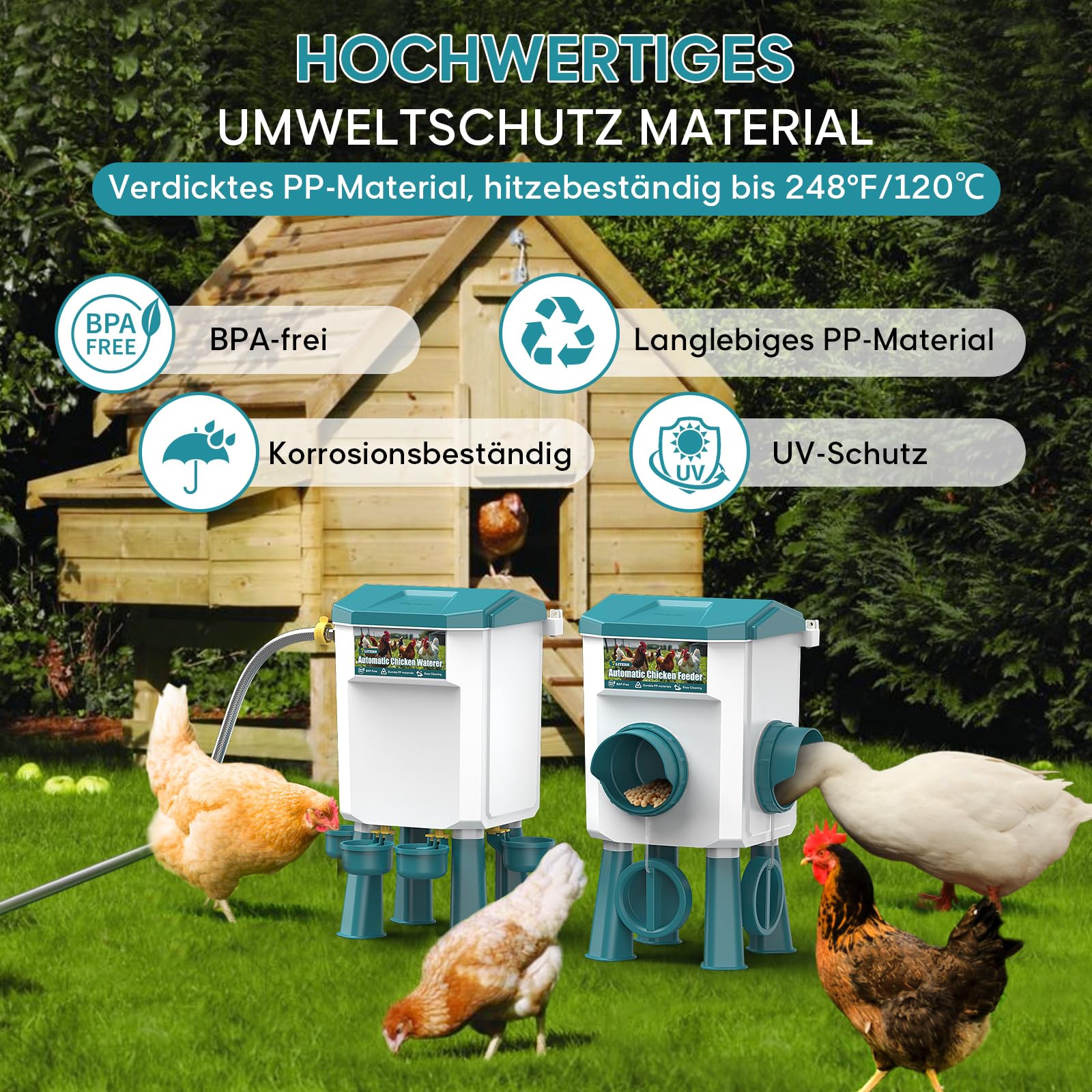 CHAMUTY Futterautomat Hühner, 7 Liter Hühnertränke Tränke Hühner, Automatische Geflügeltränke für Geflügel Mit 1,5m Wasserleitung, Schwimmerventil, Hühnerzubehör, Bruchfester langlebiger Kunststoff
