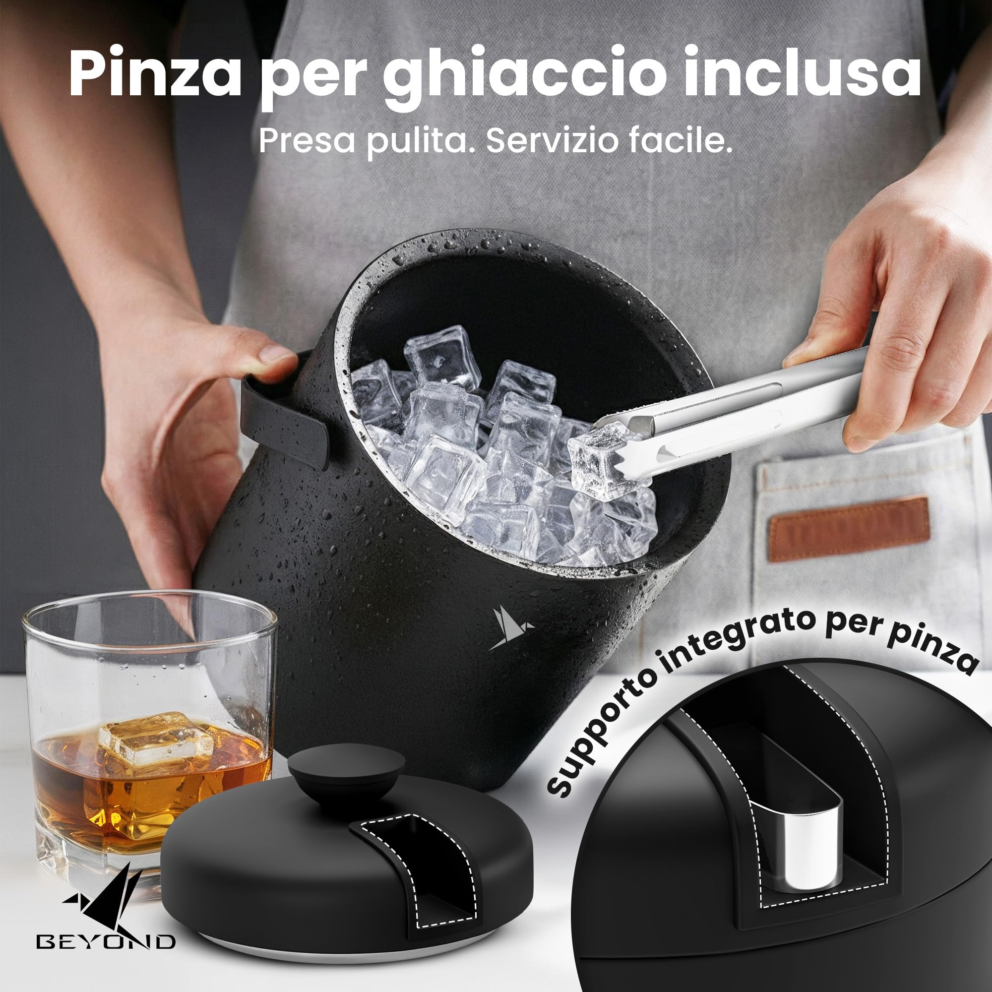Beyond Secchiello per Ghiaccio con Coperchio e Pinza in Acciaio Inox – Porta Ghiaccio Secchiello Refrigerante Doppia Parete 1,3 Litri, Secchio Ghiaccio, Contenitore per Cubetti di Ghiaccio – Nero